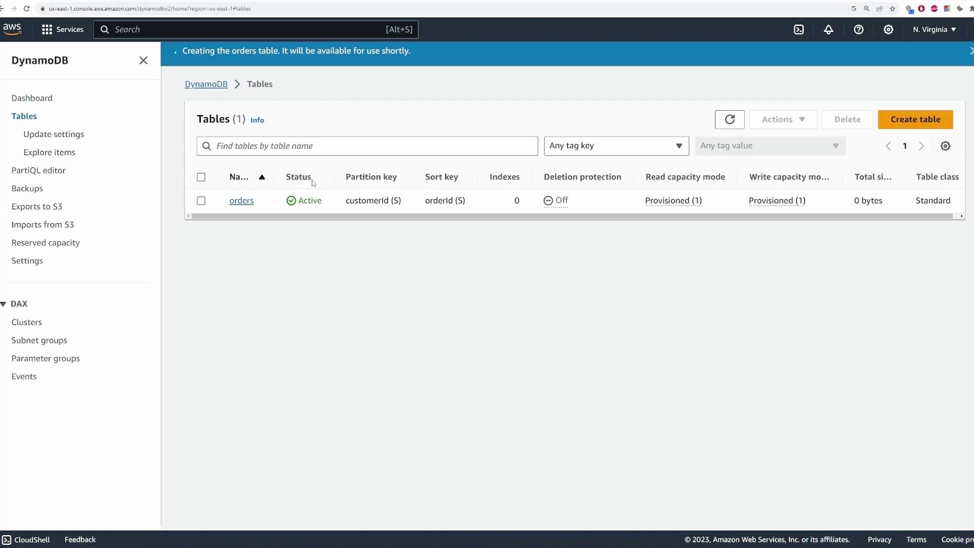 The image shows an AWS DynamoDB console with a table named "orders" that is active, displaying details like partition key, sort key, and capacity modes.