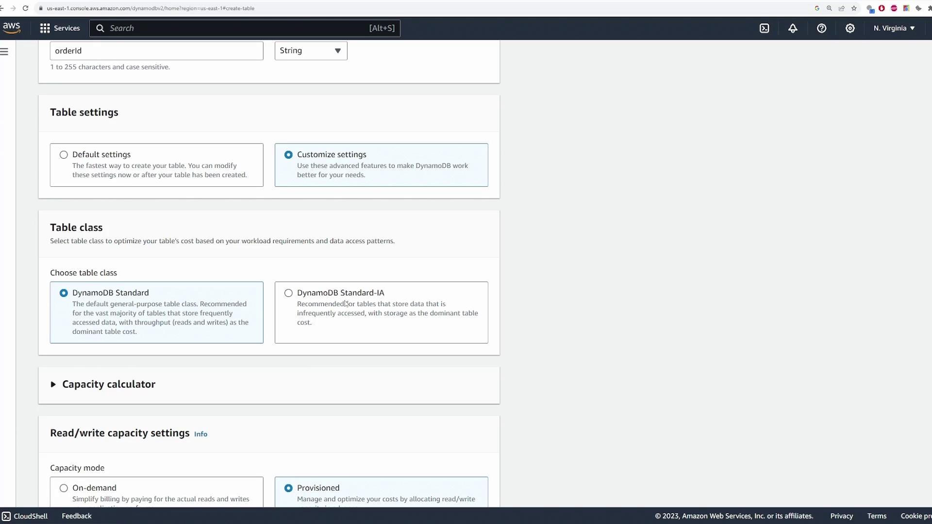 The image shows an AWS DynamoDB console interface where table settings and capacity options are being configured. It includes options for table class and read/write capacity settings.