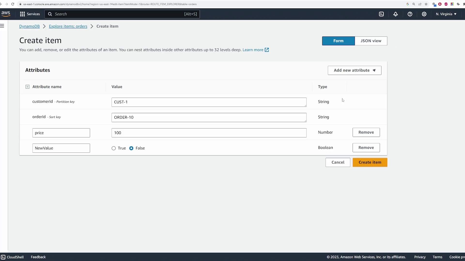 The image shows an AWS DynamoDB console where a user is creating an item with attributes like customerId, orderId, price, and NewValue.