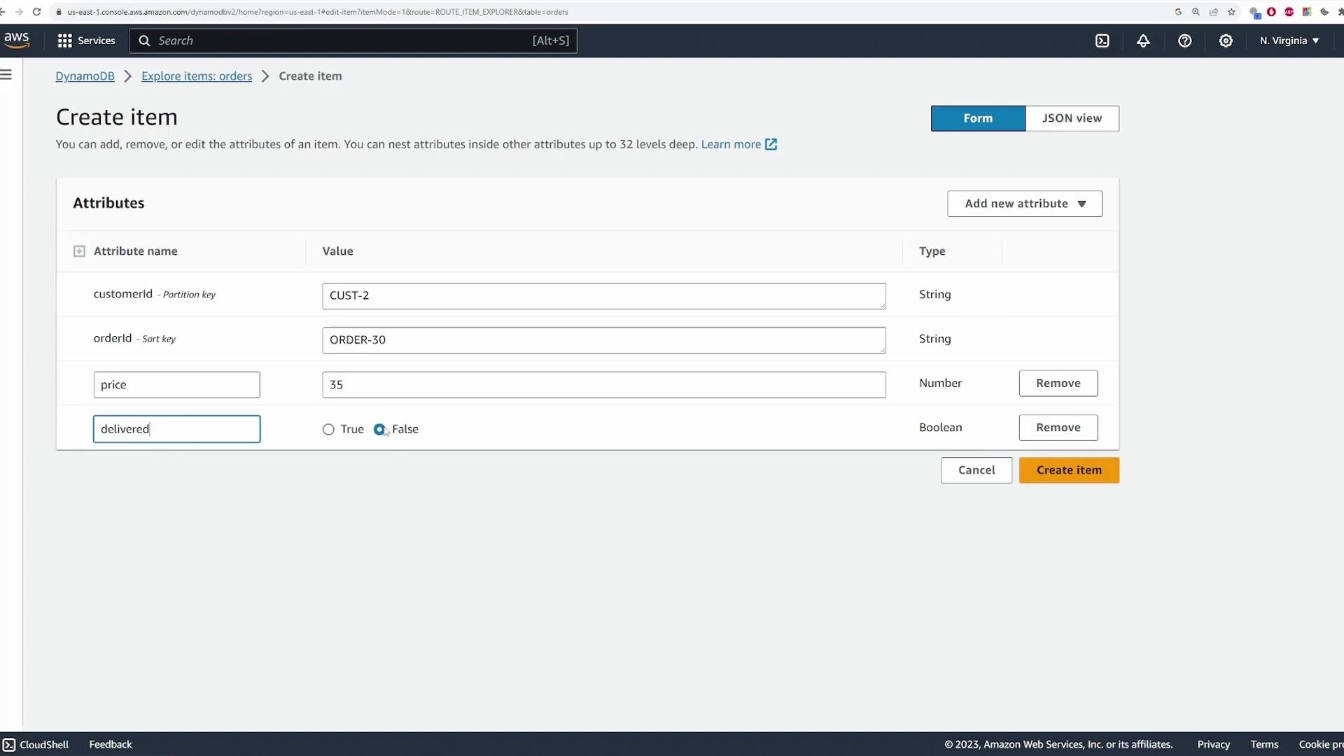 The image shows a form in the AWS DynamoDB console for creating an item with attributes like customerId, orderId, price, and a boolean for delivered status.