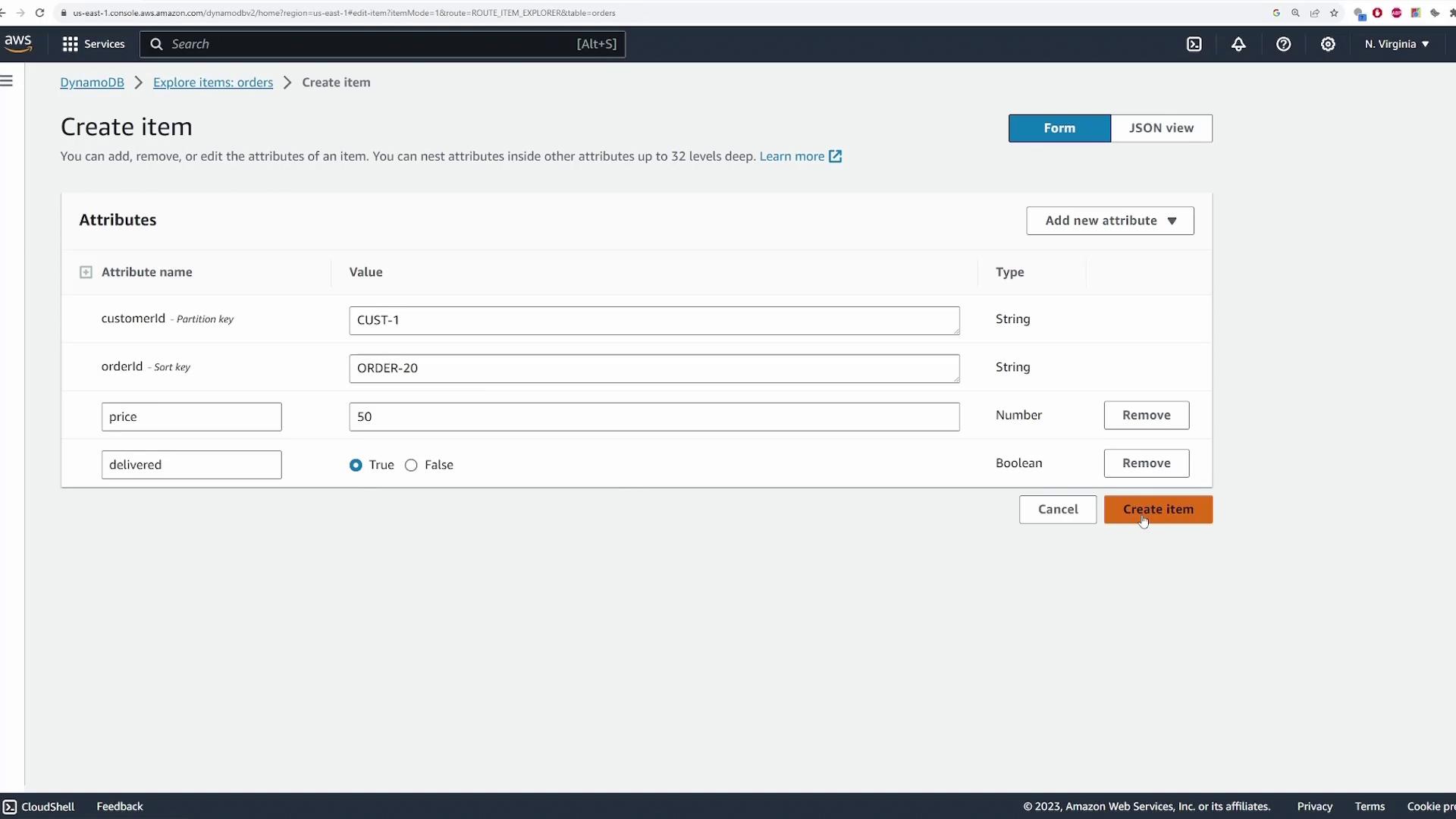 The image shows an AWS DynamoDB interface for creating an item with attributes like customerId, orderId, price, and delivered status. The "Create item" button is highlighted.