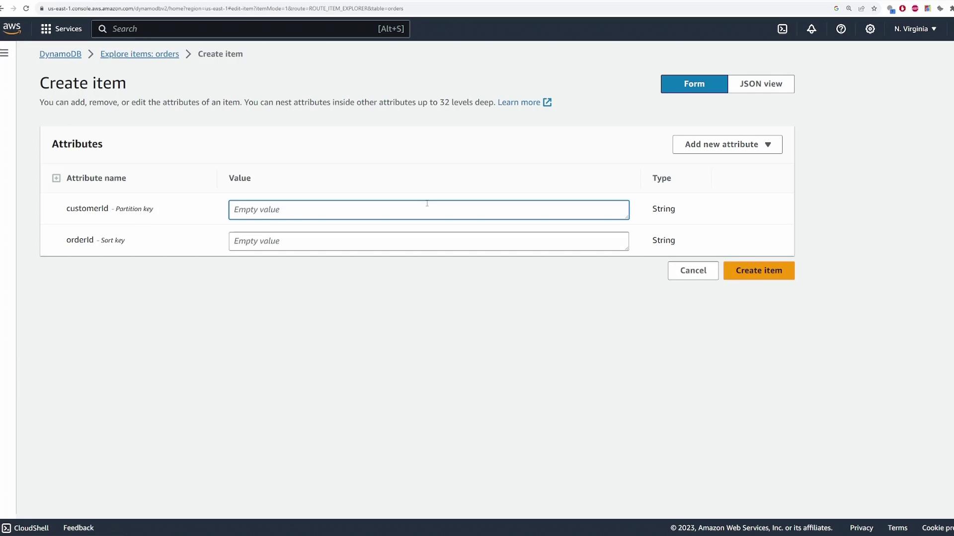 The image shows an AWS DynamoDB interface for creating an item, with fields for "customerId" and "orderId" as attributes. There are options to add new attributes and buttons to cancel or create the item.