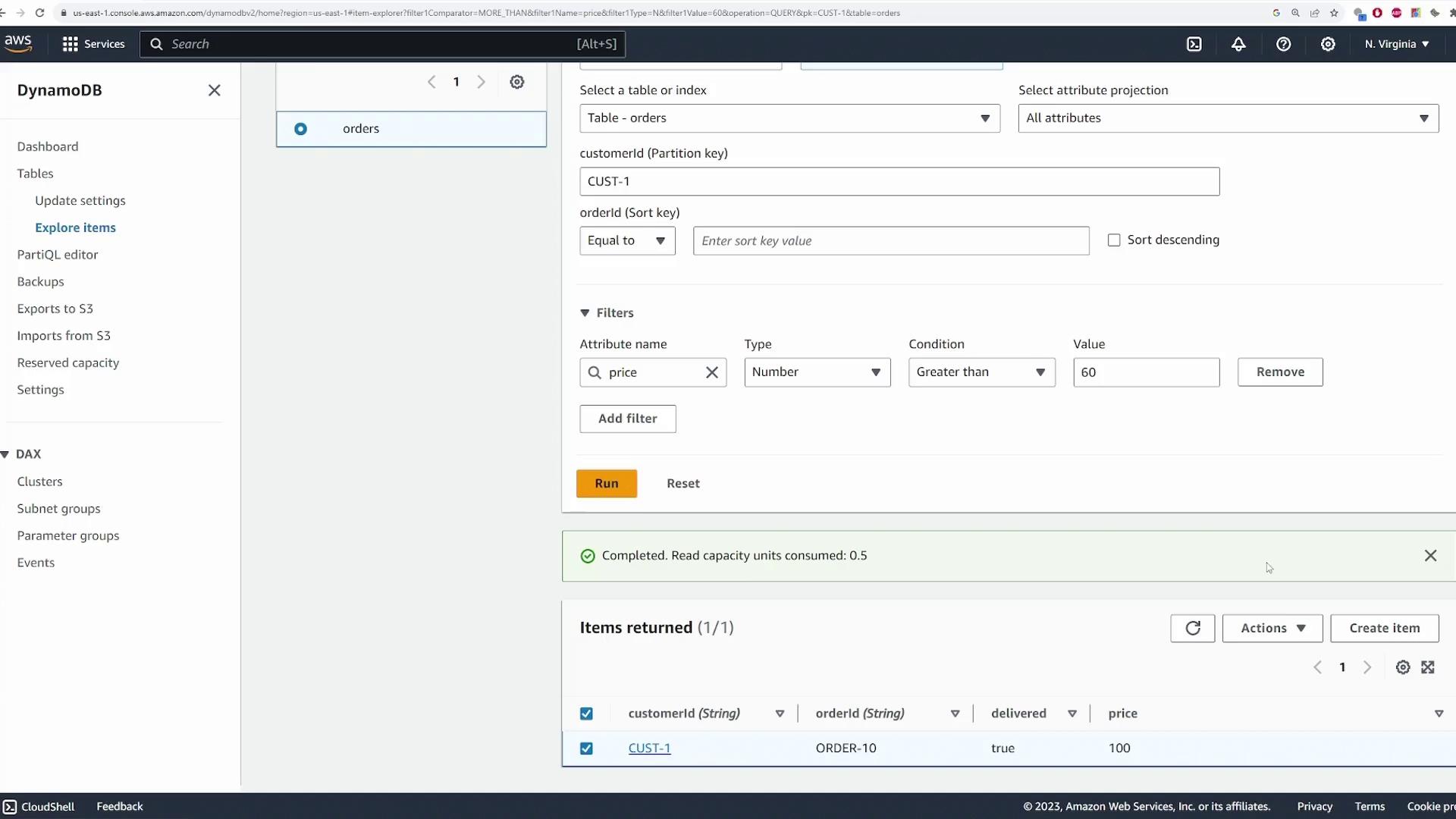 The image shows the AWS DynamoDB console with a query filtering items from the "orders" table where the price is greater than 60. One item is returned with customerId "CUST-1" and orderId "ORDER-10".