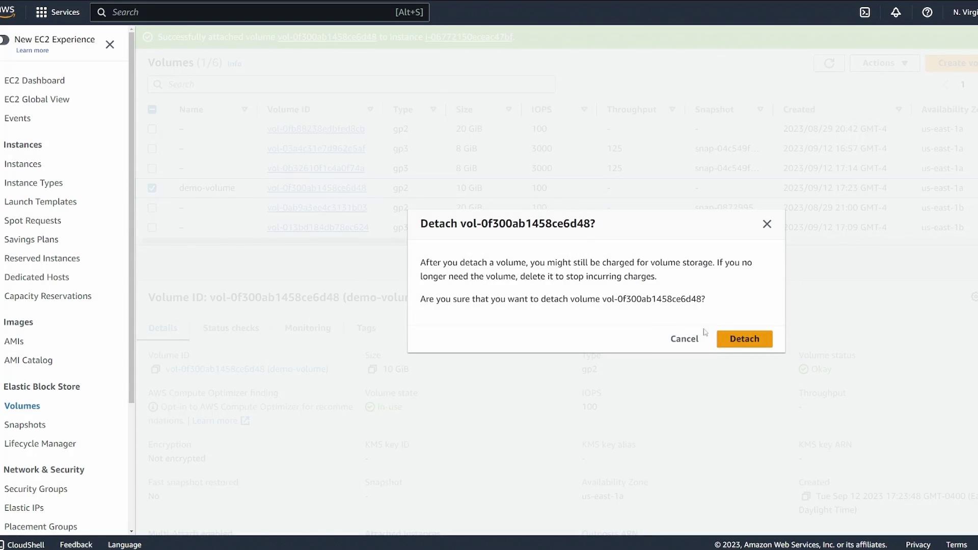 The image shows an AWS EC2 management console with a pop-up confirmation dialog asking if the user wants to detach a specific volume. The interface includes options for managing instances, images, and network security.