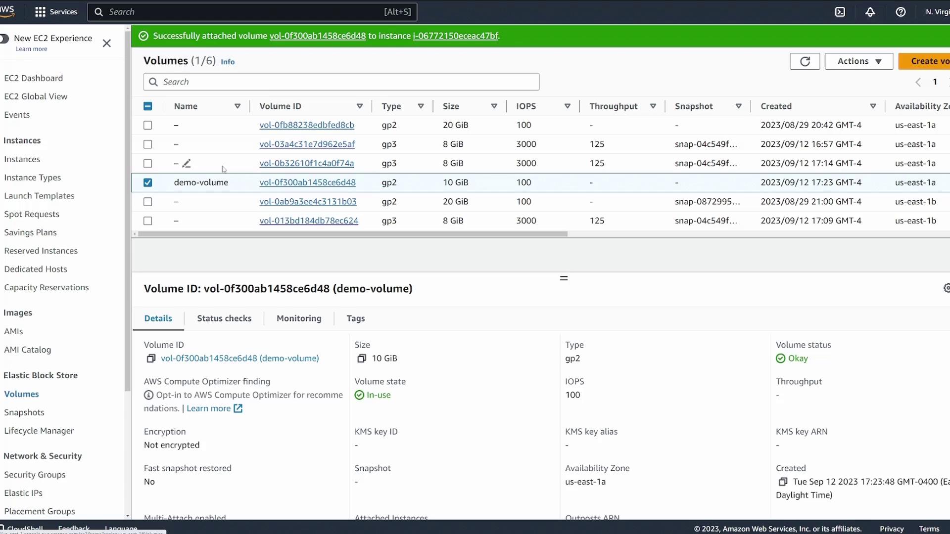 The image shows an AWS EC2 dashboard displaying a list of Elastic Block Store (EBS) volumes, with details of a selected volume named "demo-volume" highlighted.