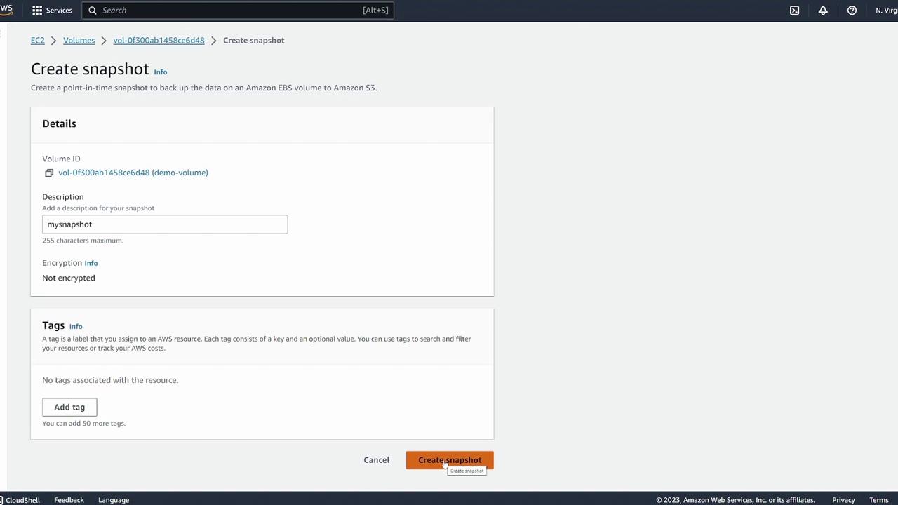 The image shows an AWS interface for creating a snapshot of an Amazon EBS volume, with fields for volume ID, description, encryption, and tags. A button labeled "Create snapshot" is highlighted.