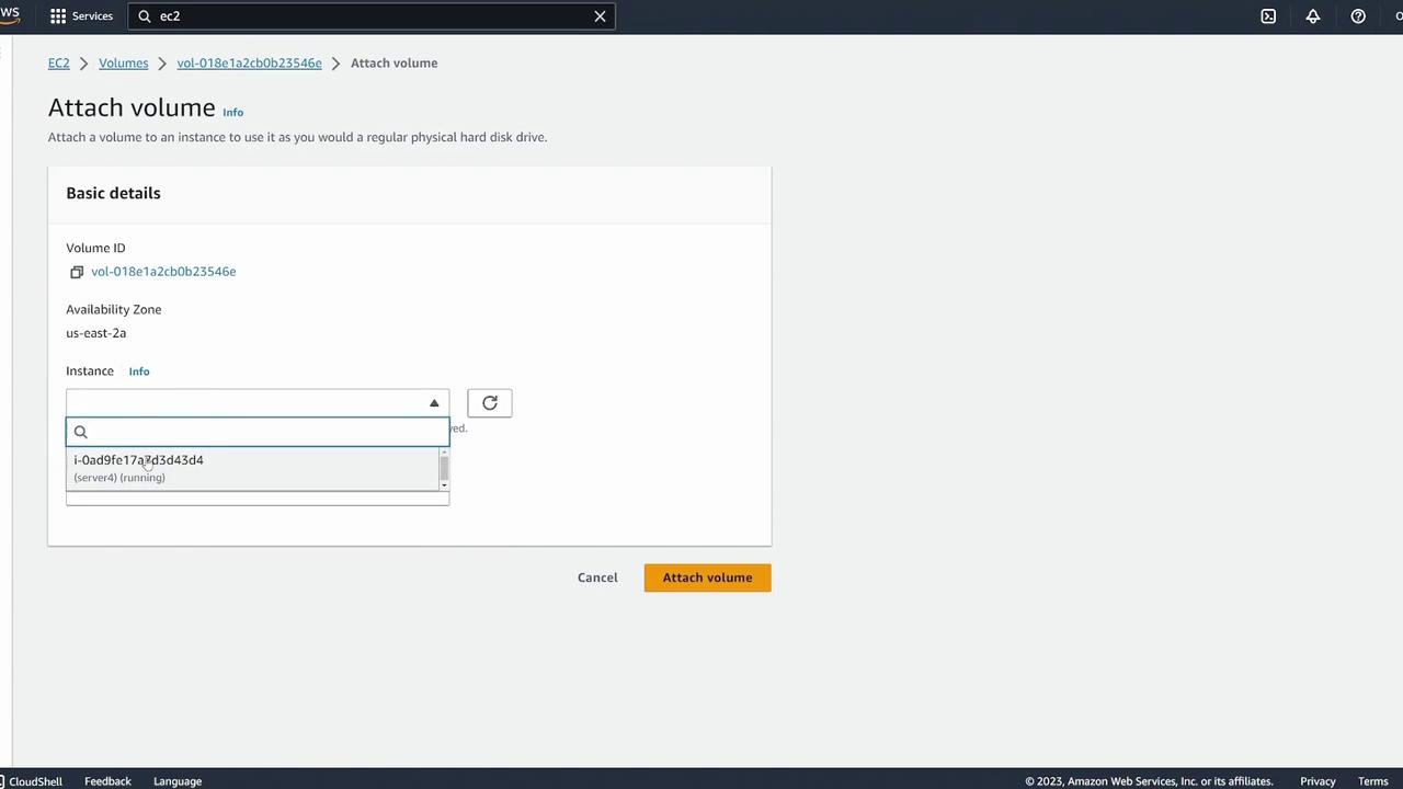 The image shows an AWS EC2 interface for attaching a volume to an instance, with options to select the instance and availability zone.