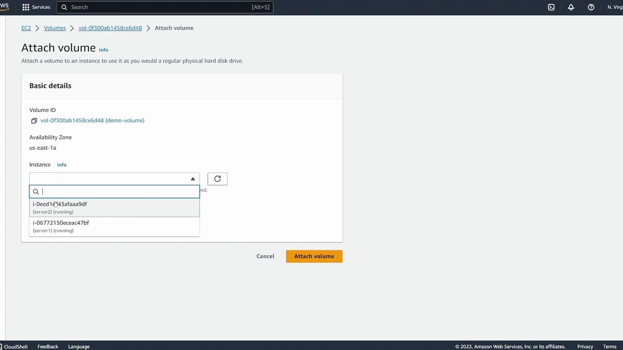 The image shows an AWS EC2 interface for attaching a volume to an instance, with options to select an instance from a dropdown menu.