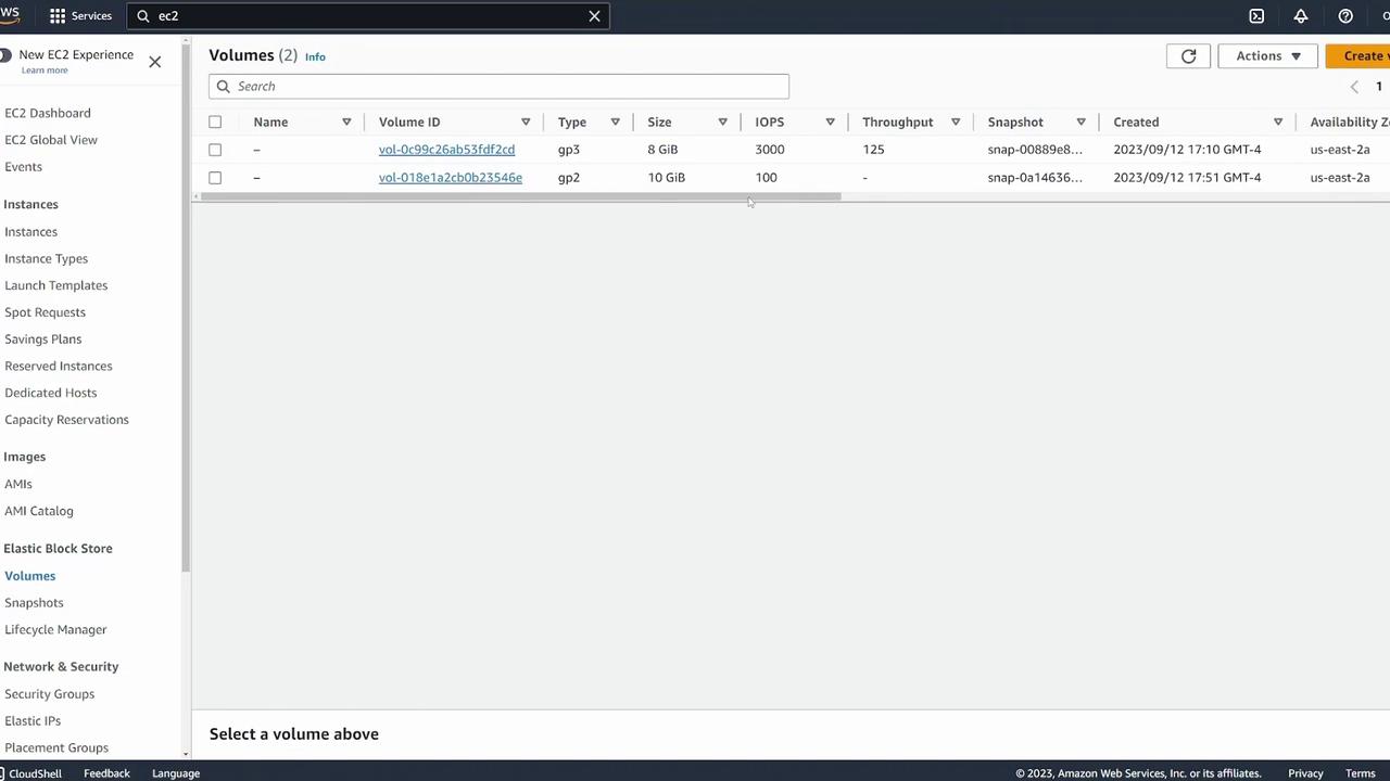 The image shows an AWS EC2 dashboard displaying a list of two EBS volumes with details such as volume ID, type, size, IOPS, and availability zone.