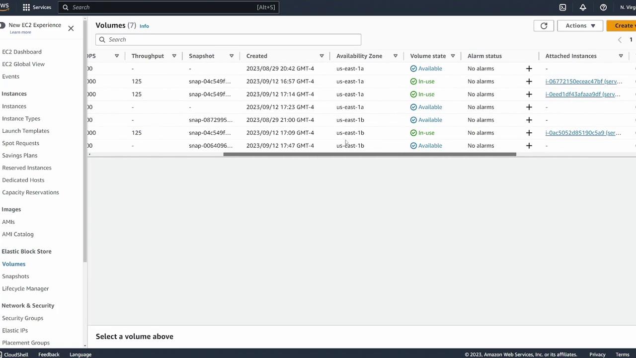 The image shows an AWS EC2 dashboard displaying a list of volumes with details such as throughput, snapshot, creation date, availability zone, volume state, alarm status, and attached instances. The sidebar includes navigation options for various EC2 and Elastic Block Store features.