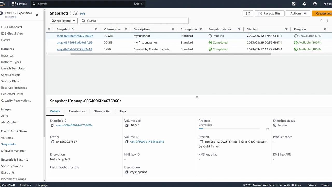 The image shows an AWS EC2 console displaying a list of EBS snapshots with details such as snapshot ID, volume size, description, storage tier, and status. One snapshot is pending, while others are completed.