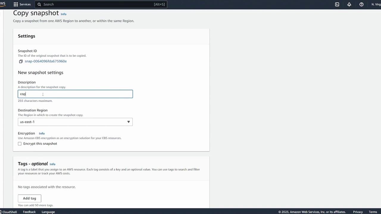 The image shows an AWS interface for copying a snapshot, with fields for snapshot ID, description, destination region, and encryption options.