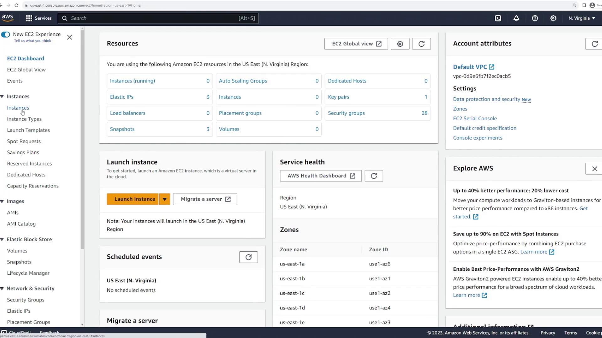 The image shows the Amazon EC2 dashboard from AWS, displaying resources, account attributes, and options to launch instances in the US East (N. Virginia) region. It includes sections for service health, scheduled events, and AWS exploration tips.