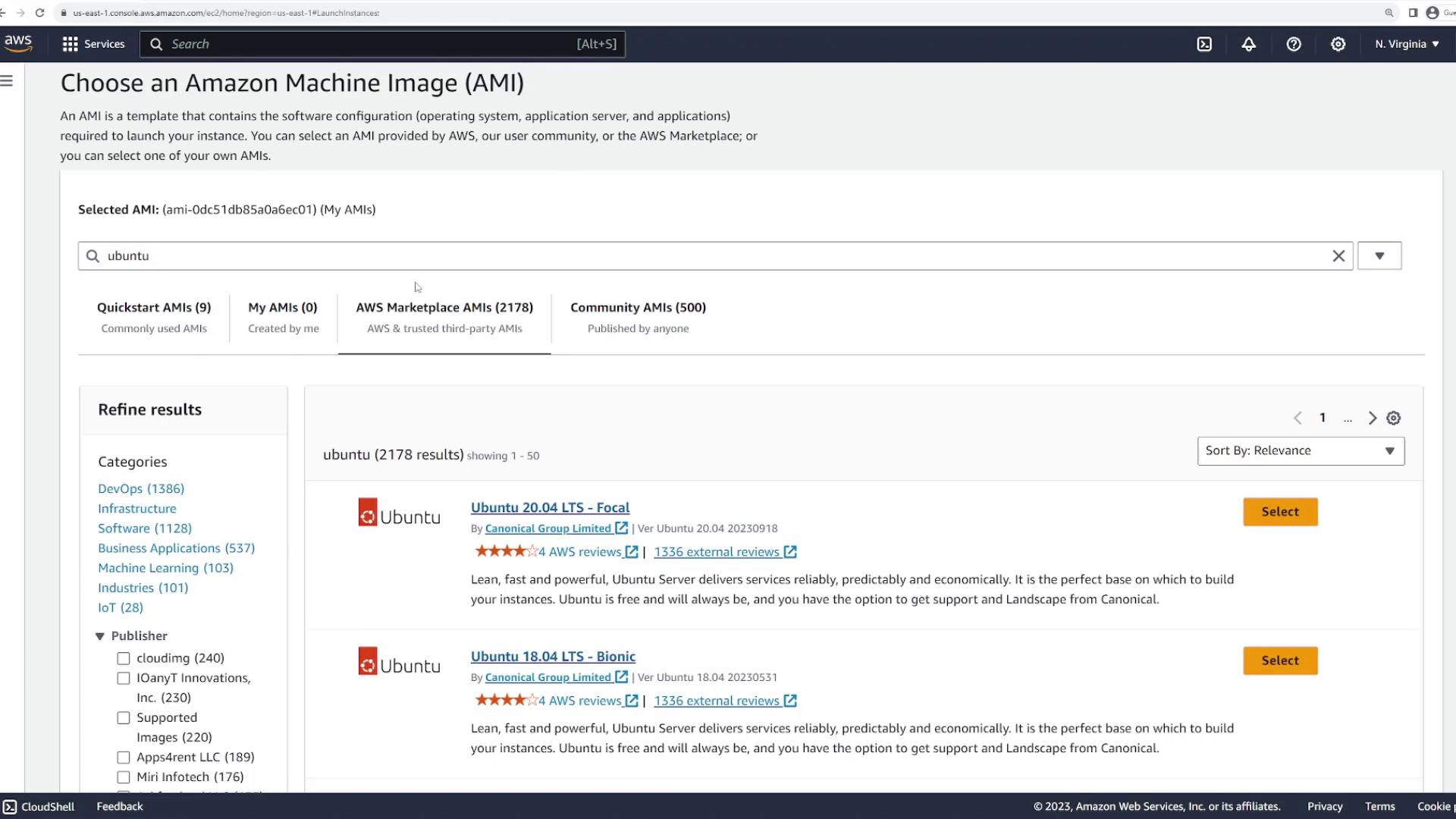 The image shows an AWS console page for selecting an Amazon Machine Image (AMI), specifically displaying Ubuntu options from the AWS Marketplace.