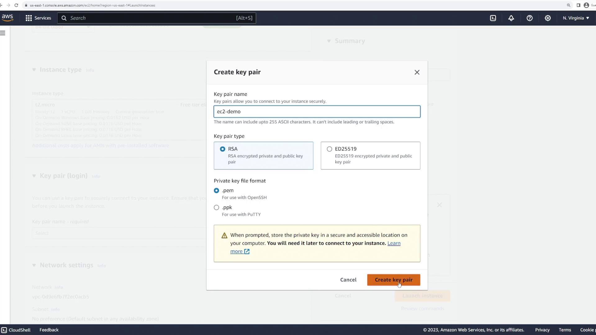 The image shows a dialog box in the AWS console for creating a key pair, with options to name the key pair, select the key pair type (RSA or ED25519), and choose the private key file format (.pem or .ppk).