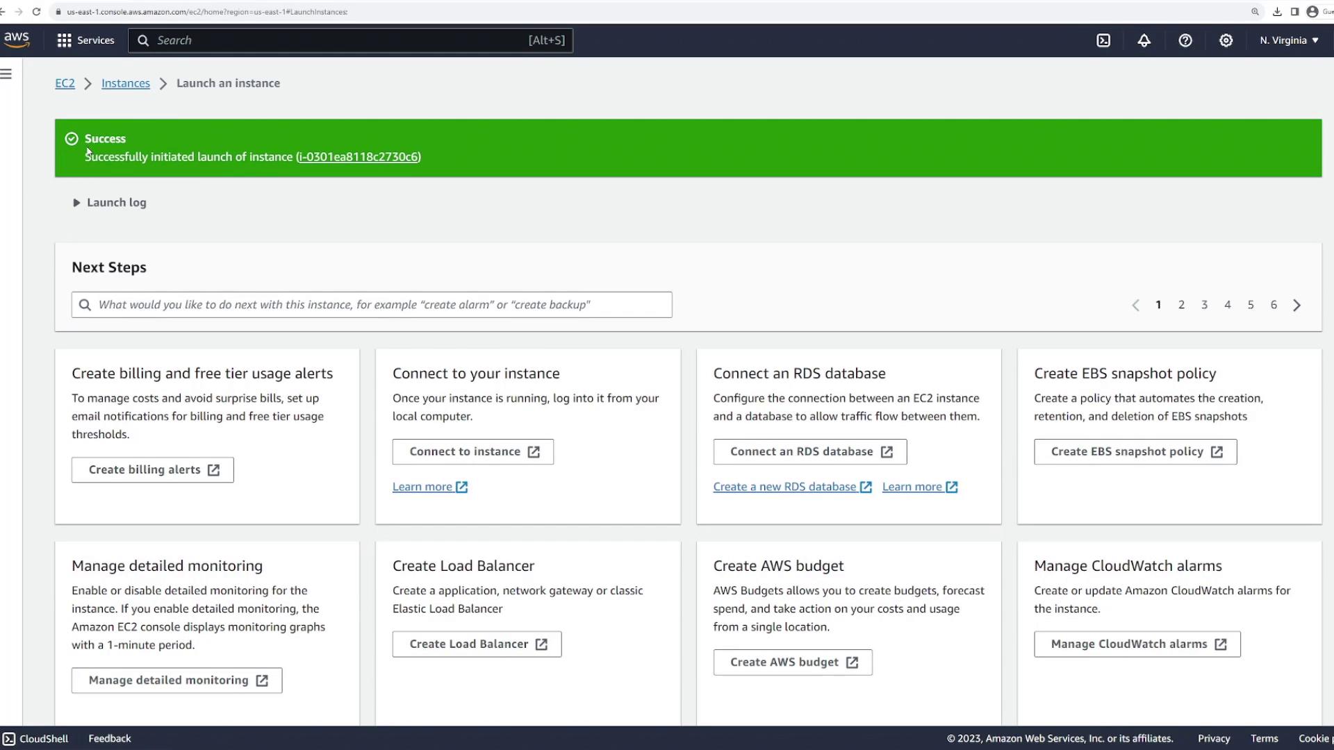 The image shows an AWS EC2 console with a success message indicating the launch of an instance. Below, there are options for next steps, such as creating billing alerts, connecting to the instance, and managing monitoring.