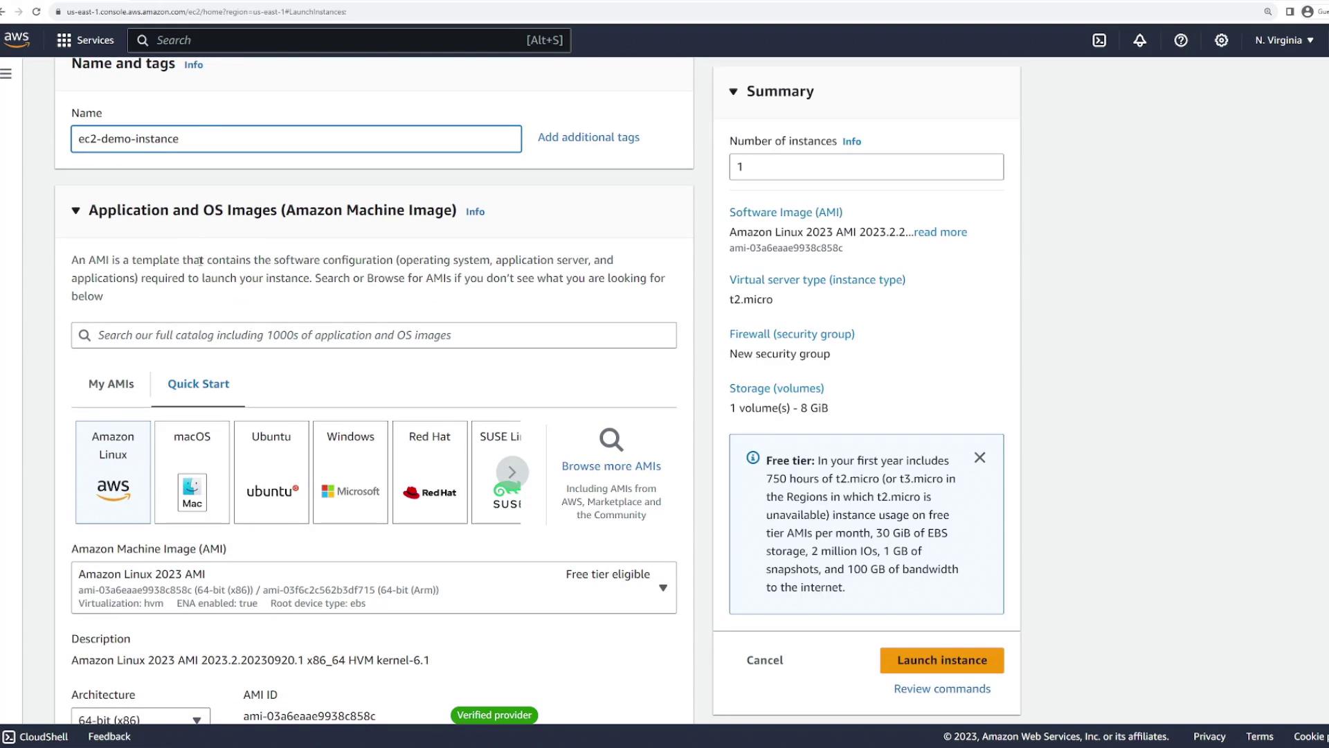 The image shows an AWS EC2 instance launch configuration screen, where a user is selecting an Amazon Machine Image (AMI) and configuring instance details. The summary section on the right provides an overview of the selected options.