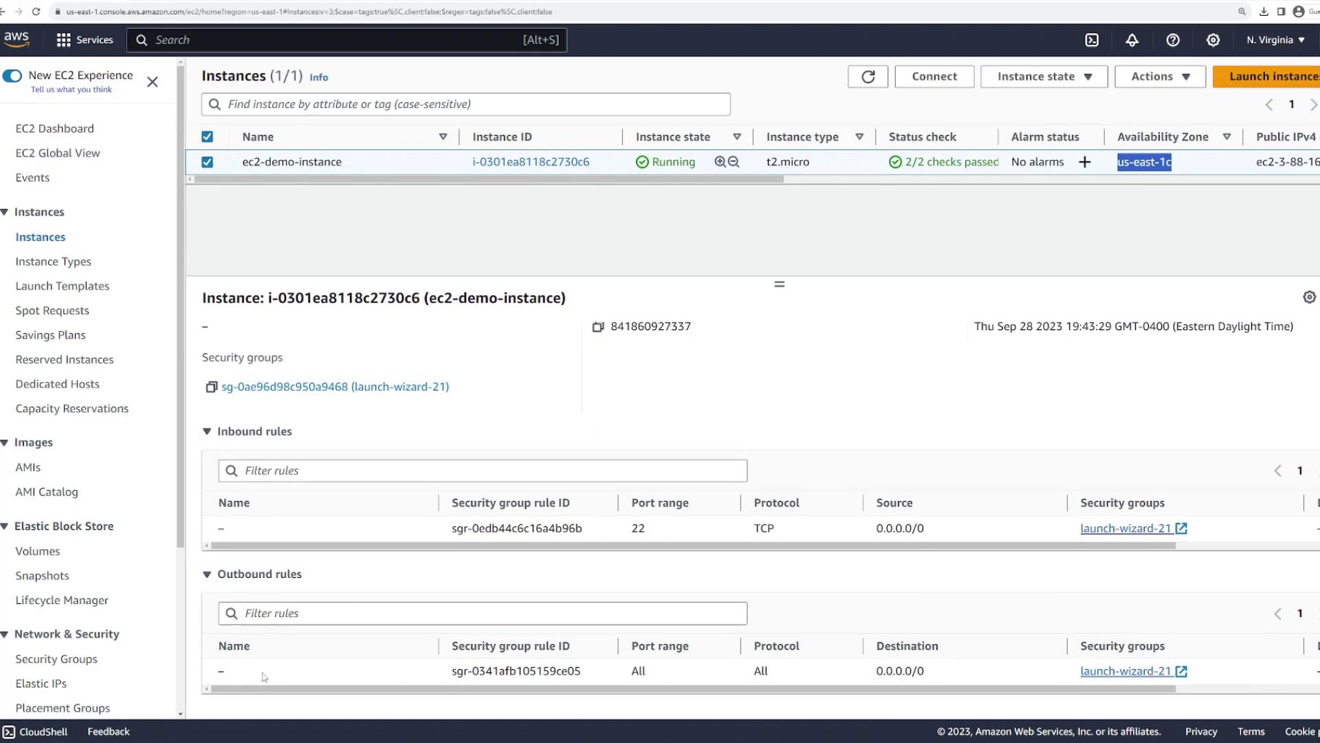 The image shows an AWS EC2 management console with details of a running instance named "ec2-demo-instance," including its security group settings and inbound/outbound rules.