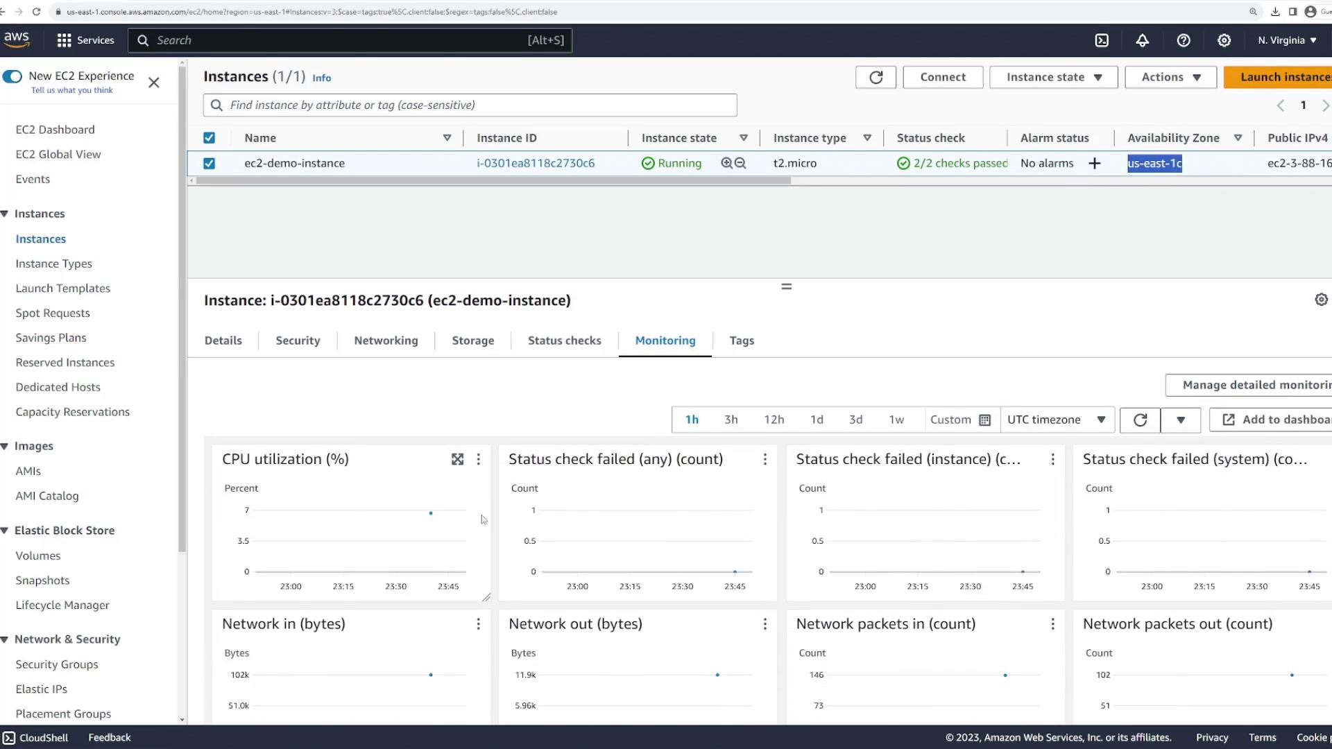 The image shows an AWS EC2 management console with monitoring details for an instance named "ec2-demo-instance." It displays metrics like CPU utilization, network activity, and status checks.