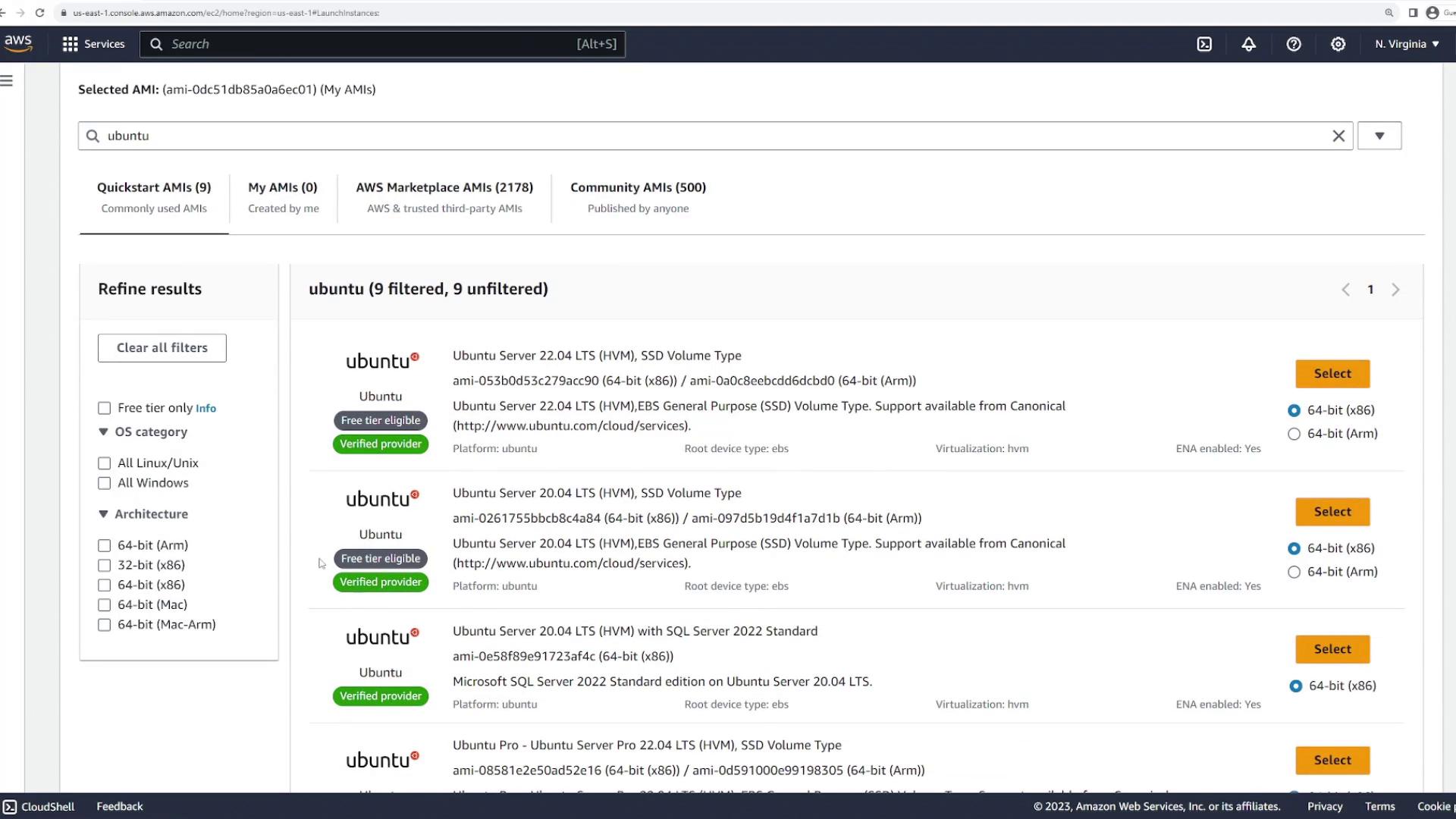 The image shows an AWS EC2 console displaying a list of Ubuntu AMIs (Amazon Machine Images) available for selection, with options for different versions and architectures.