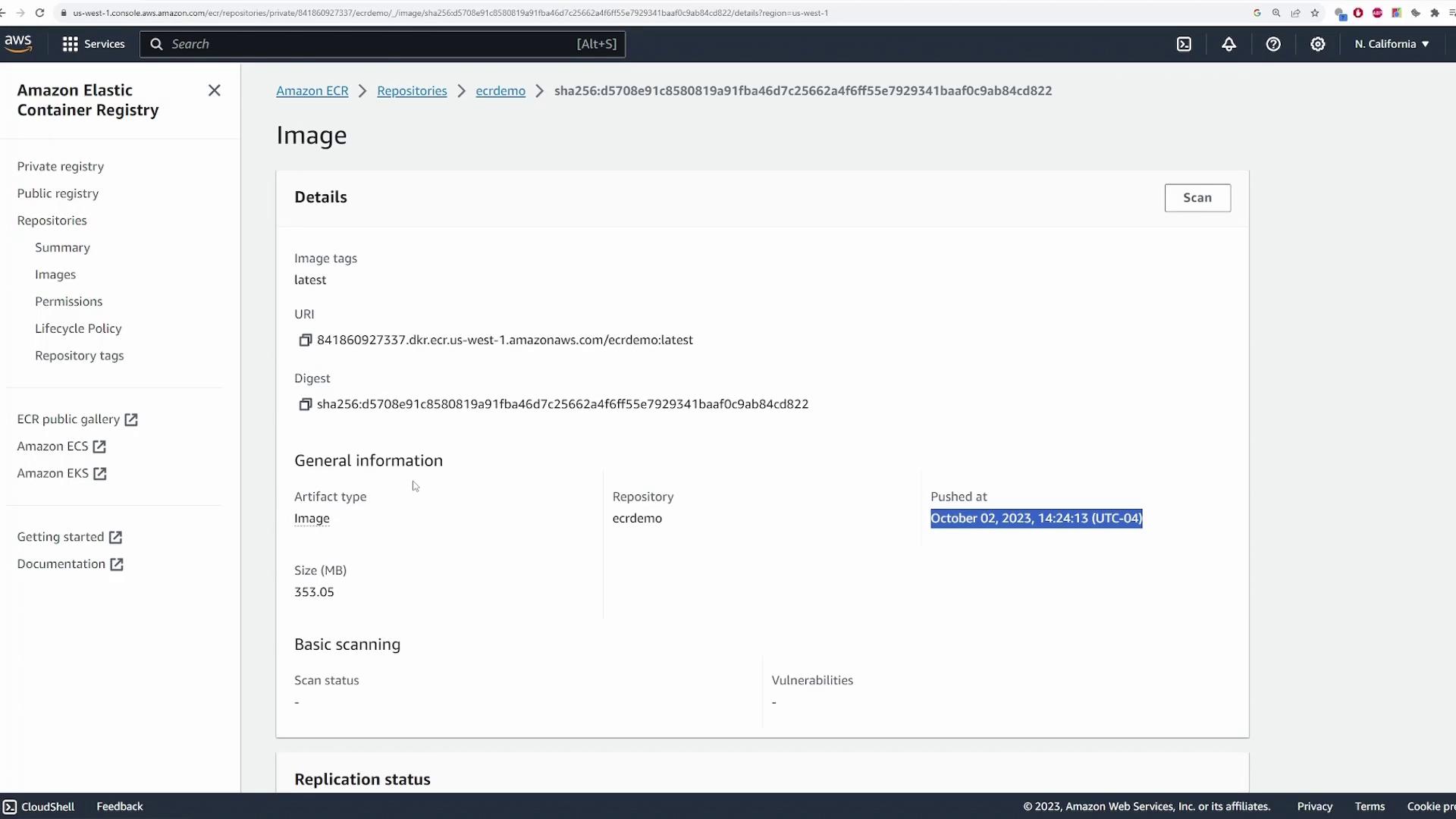 The image shows the Amazon Elastic Container Registry (ECR) interface displaying details of a container image, including its tags, URI, digest, and push date.