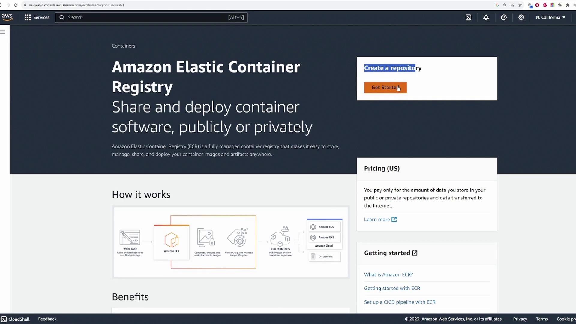The image shows the Amazon Elastic Container Registry (ECR) webpage, highlighting features like sharing and deploying container software, pricing information, and getting started guides.