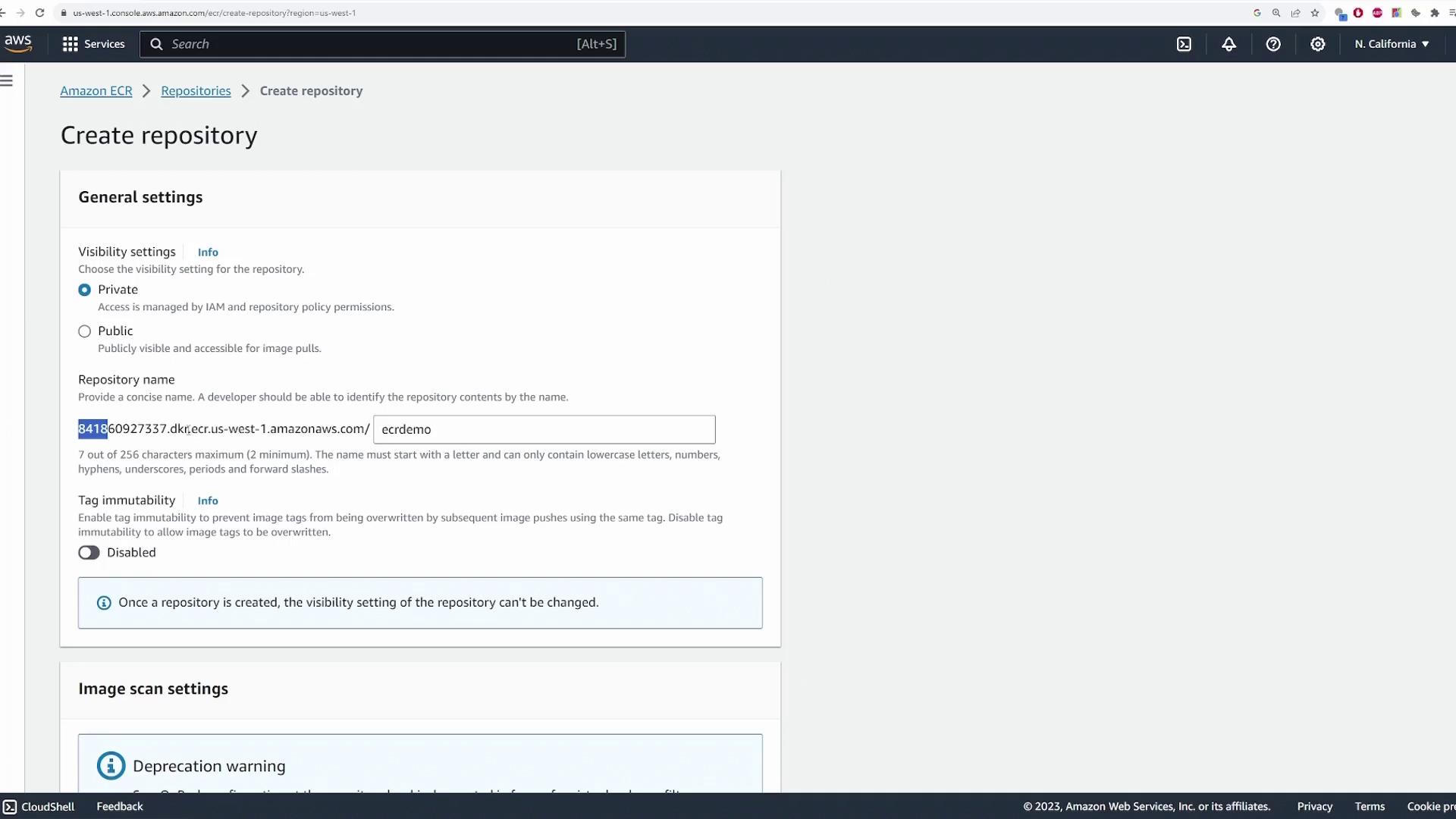 The image shows the "Create repository" page on Amazon ECR, where settings like visibility, repository name, and tag immutability are being configured.