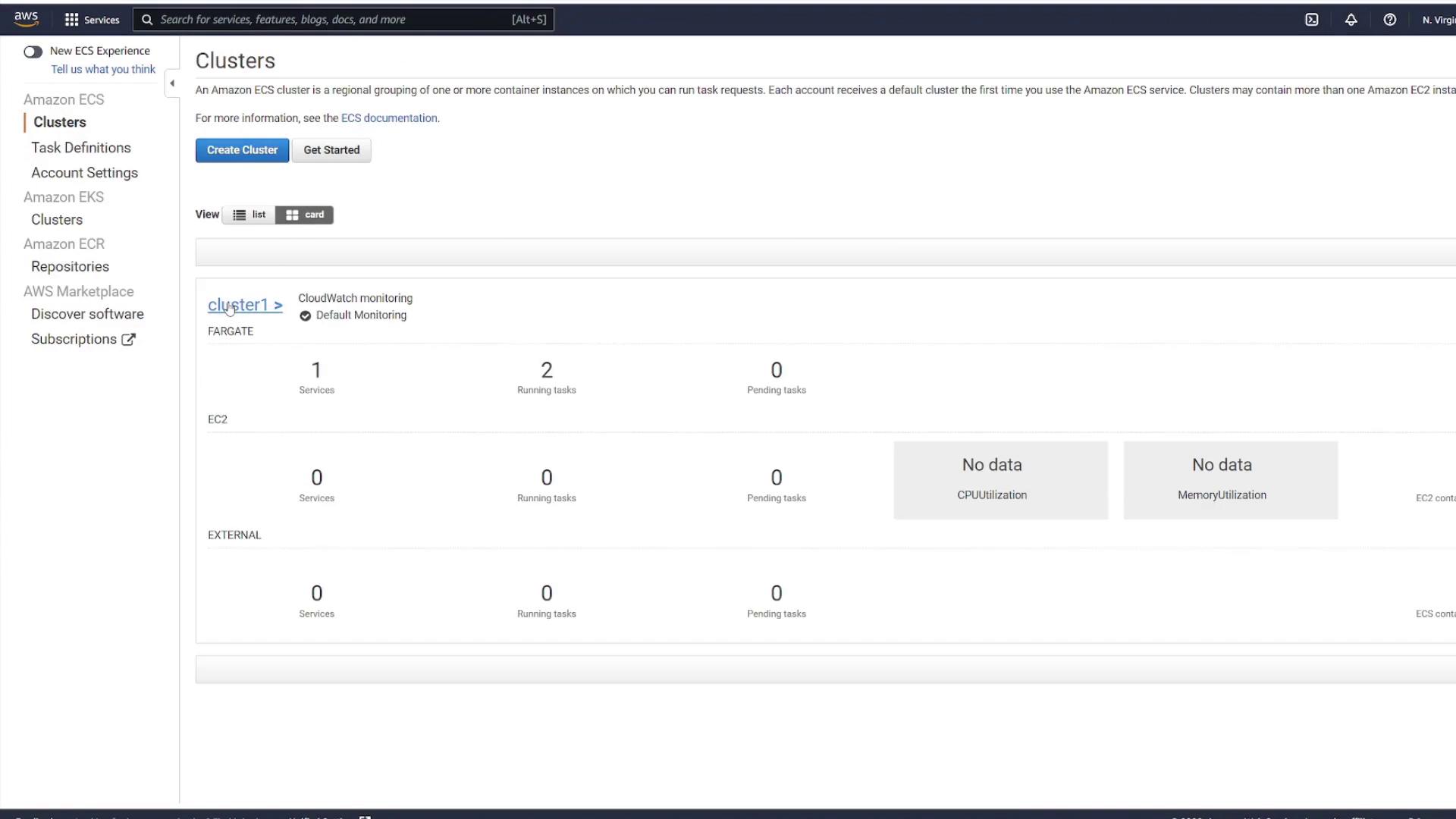 The image shows an Amazon ECS (Elastic Container Service) dashboard displaying cluster information, including one Fargate service with two running tasks and no data for CPU or memory utilization.
