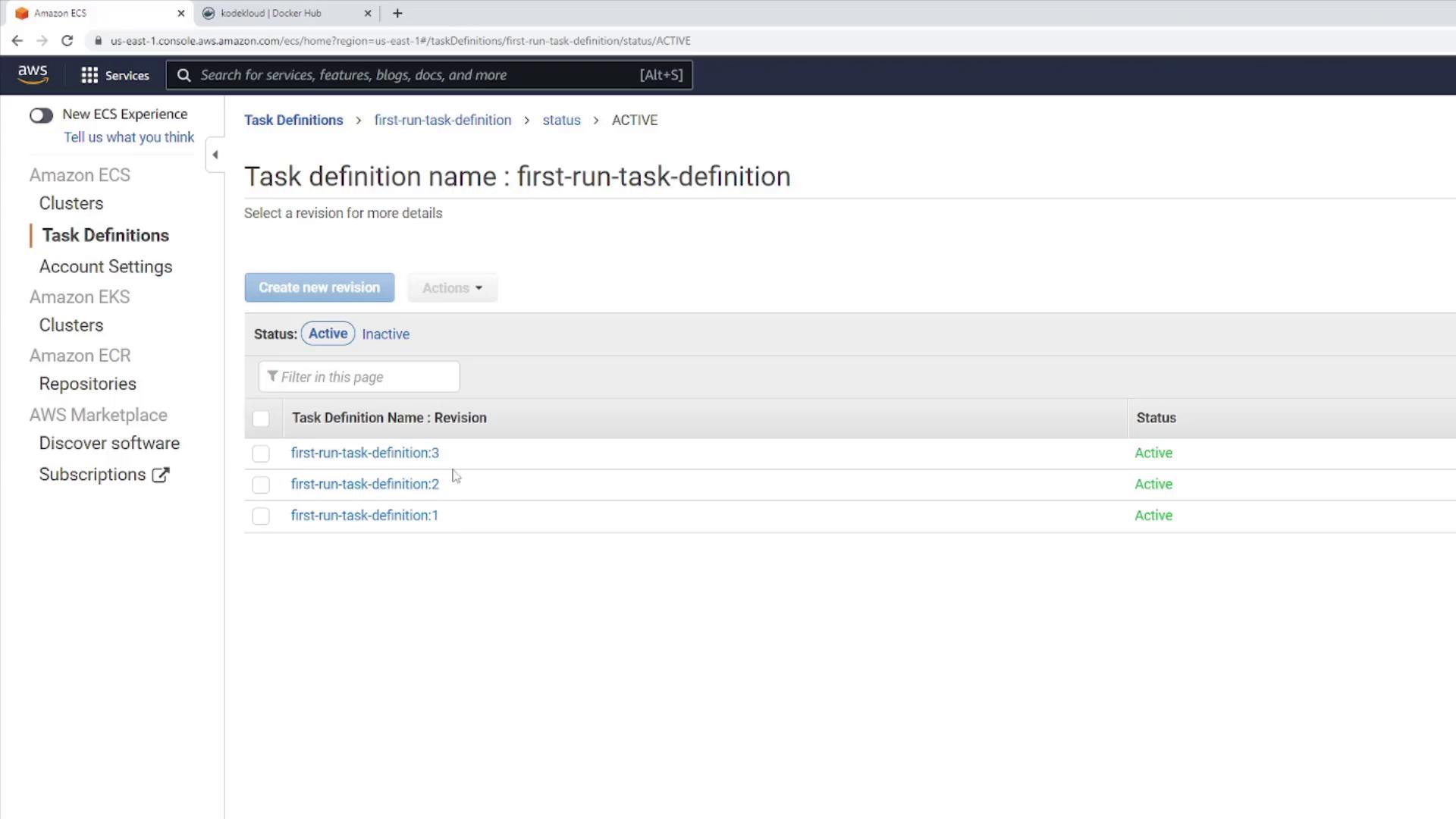The image shows an Amazon ECS console page displaying task definitions with the name "first-run-task-definition" and three active revisions.