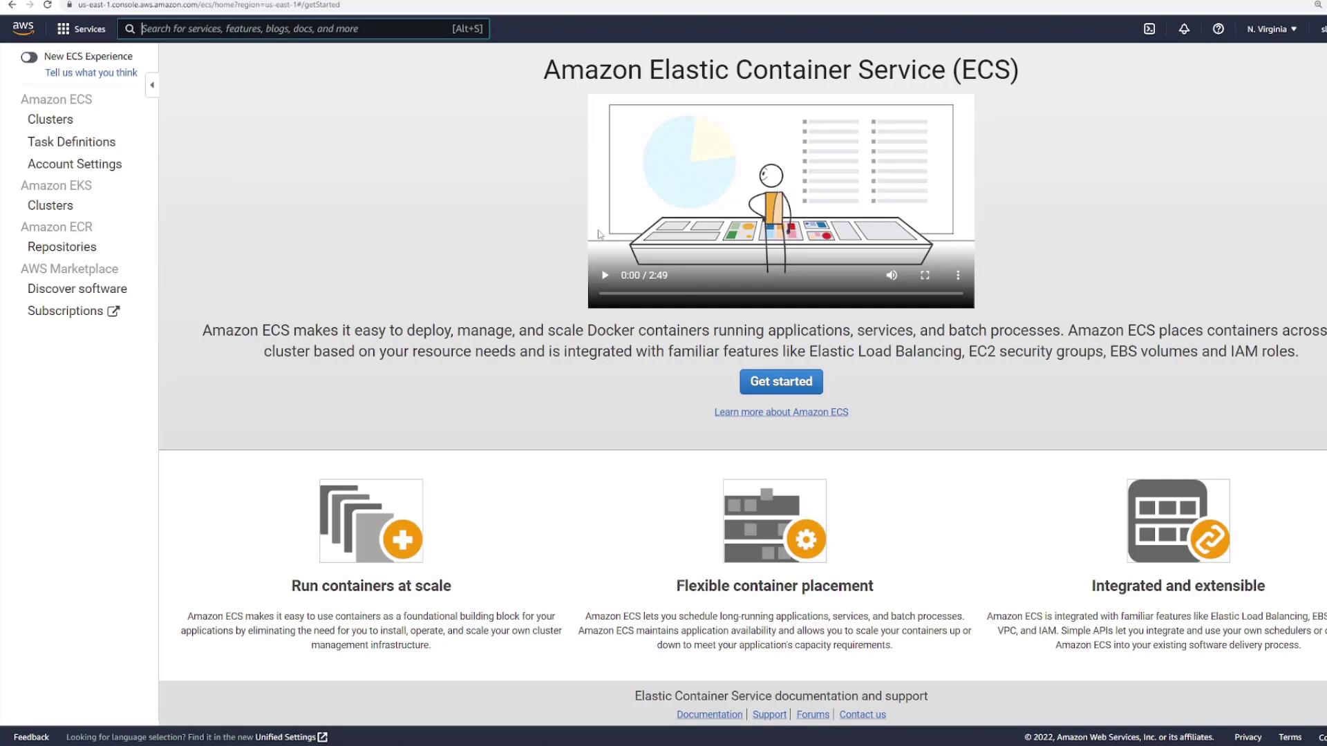 The image is a webpage for Amazon Elastic Container Service (ECS), highlighting features like running containers at scale, flexible container placement, and integration with other services. It includes a video thumbnail and a "Get started" button.