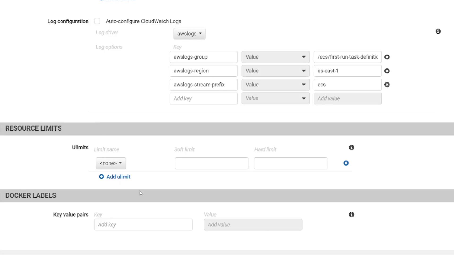 The image shows a configuration interface for setting up AWS CloudWatch Logs, resource limits, and Docker labels, with fields for entering key-value pairs and limits.