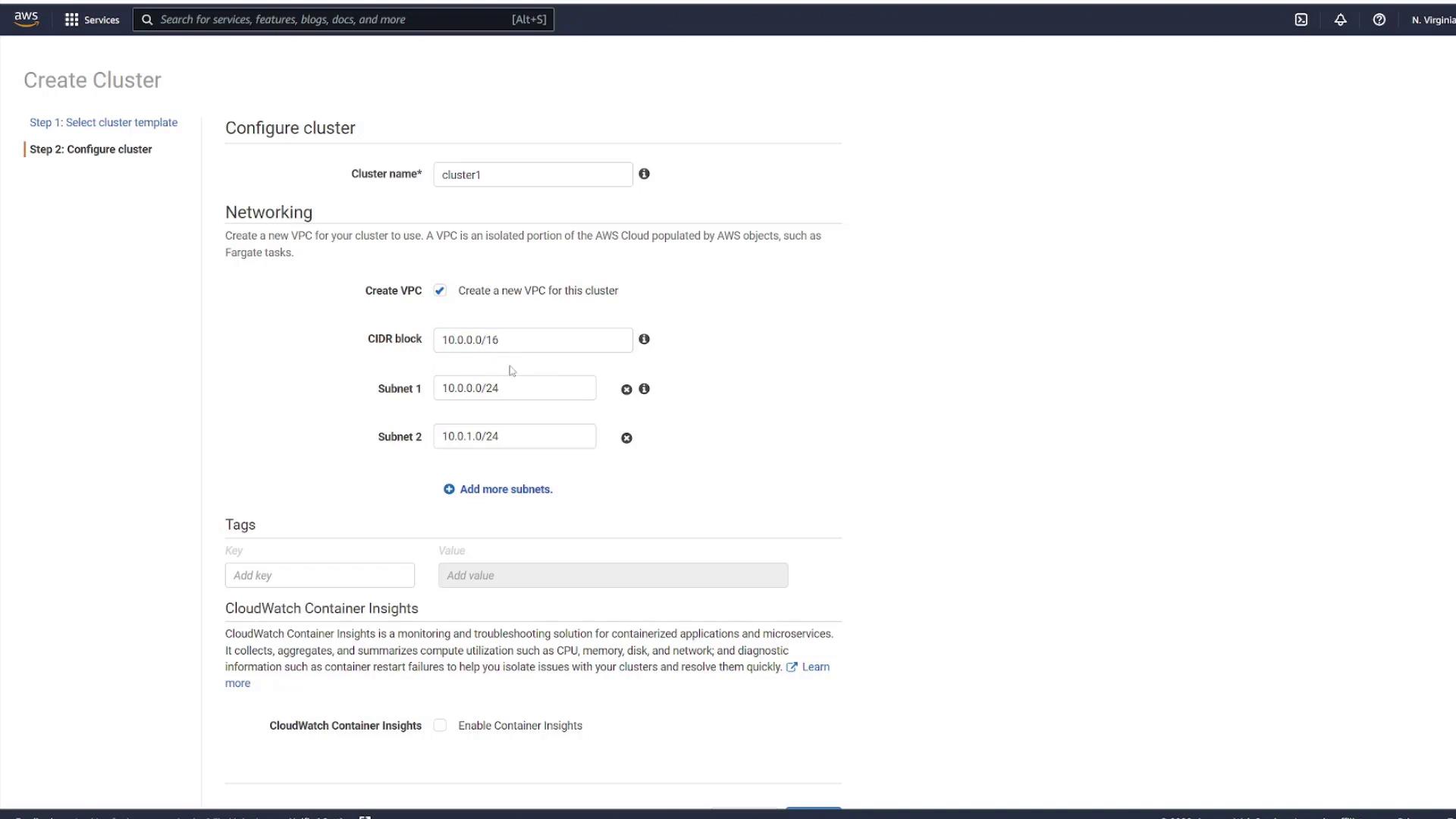 The image shows an AWS console interface for creating a cluster, with options to configure networking settings such as VPC, CIDR block, and subnets. It also includes a section for enabling CloudWatch Container Insights.