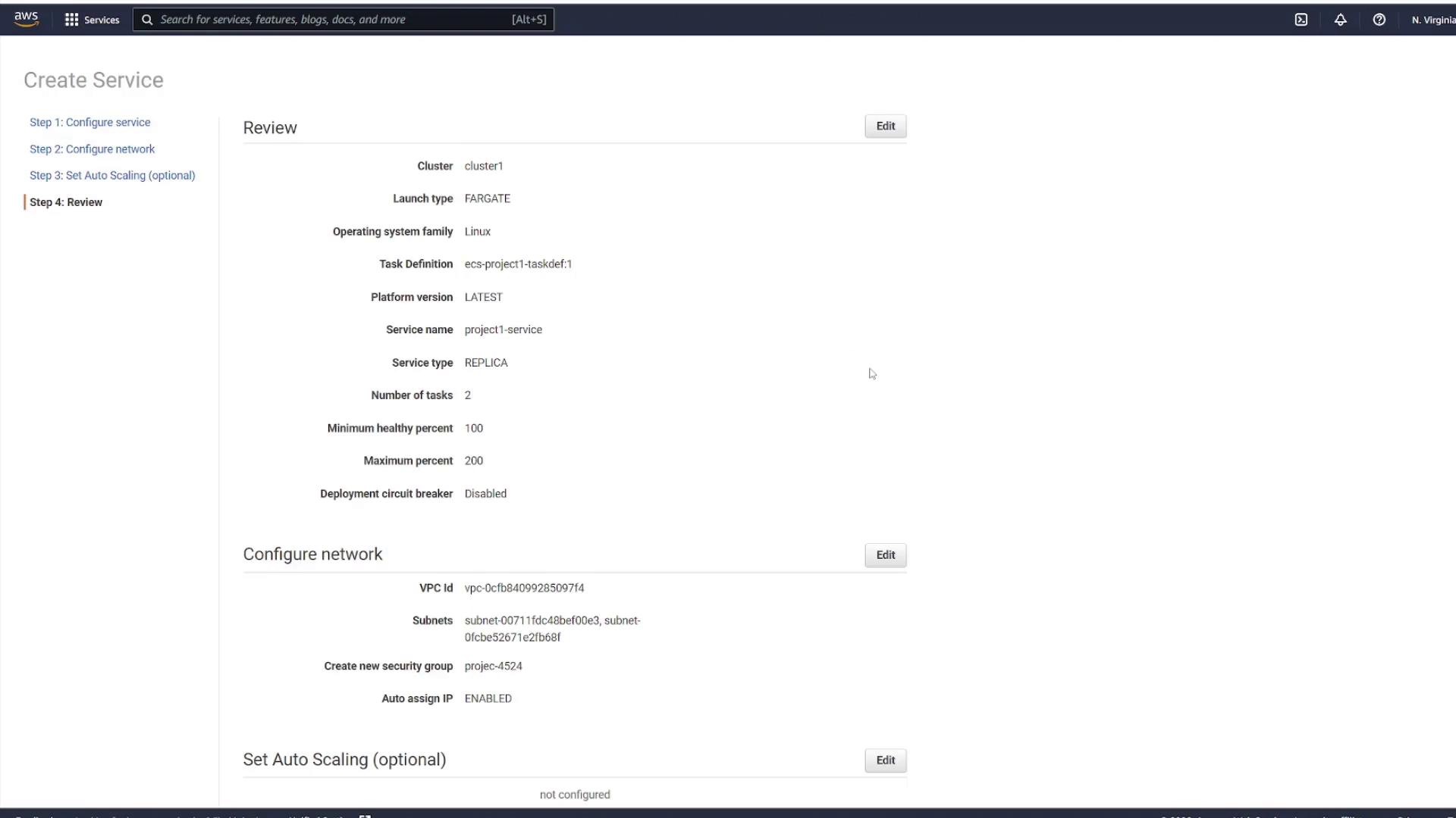 The image shows an AWS management console screen for creating a service, displaying configuration details such as cluster, launch type, operating system, and network settings. It includes sections for reviewing service settings and configuring network and auto-scaling options.