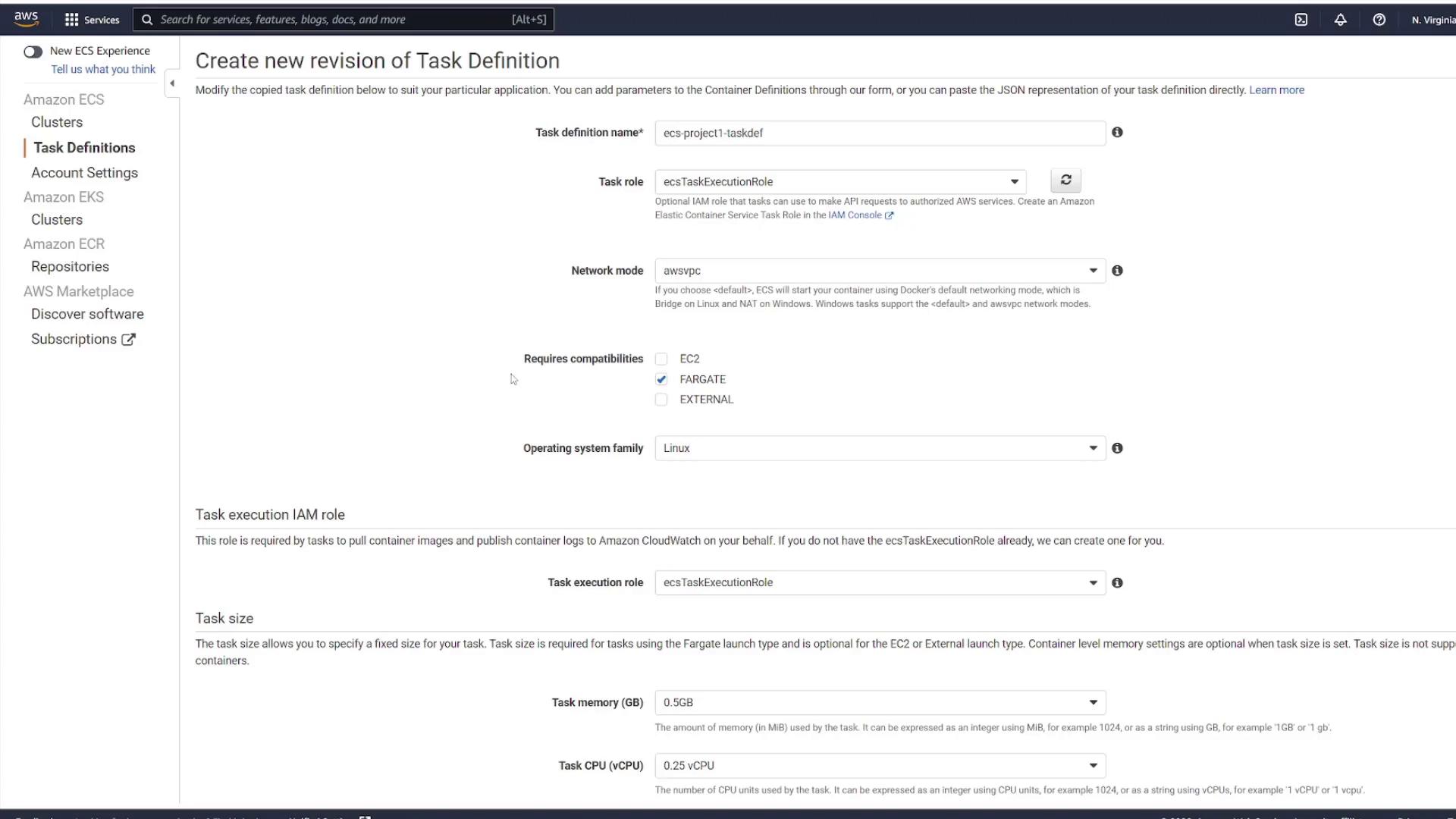 The image shows a screenshot of the AWS console, specifically the "Create new revision of Task Definition" page for Amazon ECS. It includes fields for task definition name, task role, network mode, and other configuration options.