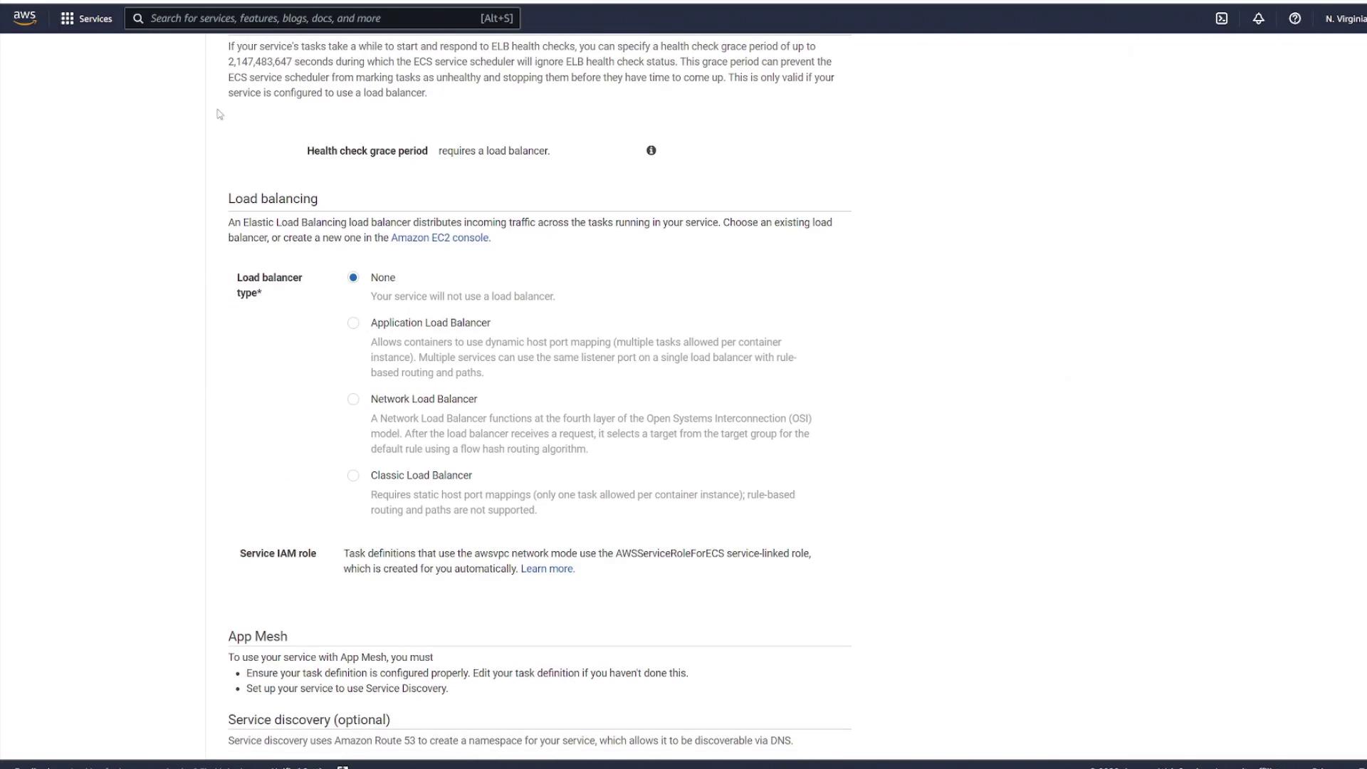 The image shows an AWS console interface for configuring load balancing options, including choices for Application, Network, and Classic Load Balancers.