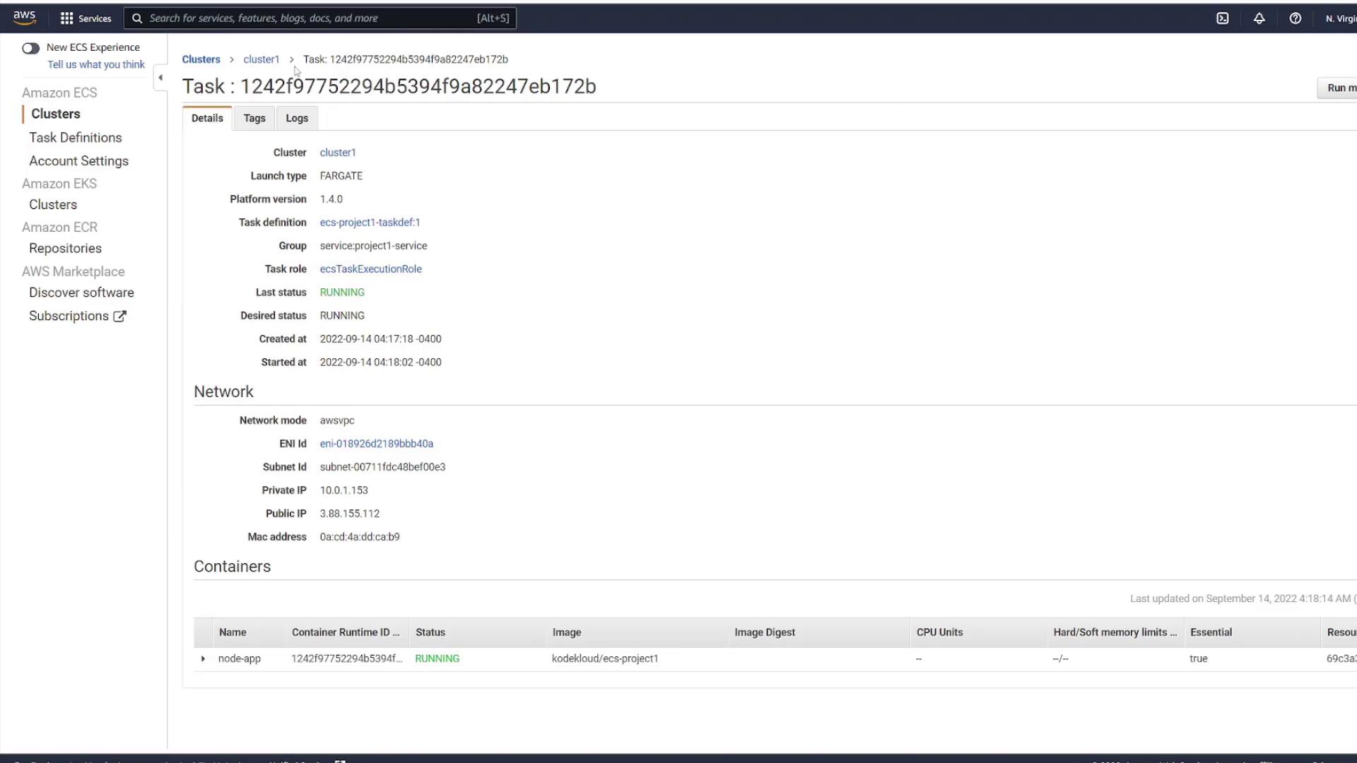 The image shows an AWS ECS console displaying details of a running task, including network information and container status.