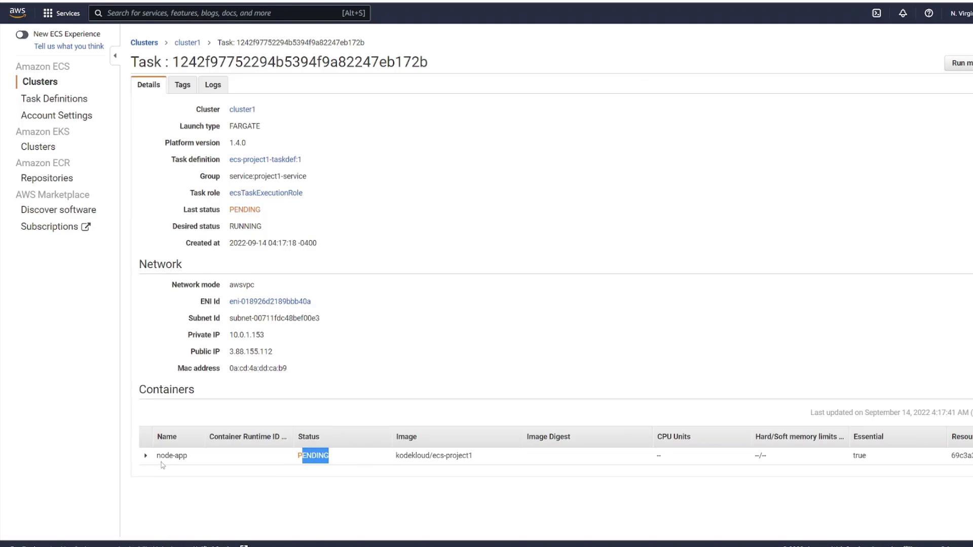 The image shows an AWS ECS console displaying details of a task with a "PENDING" status, including network information and container details for a "node-app."