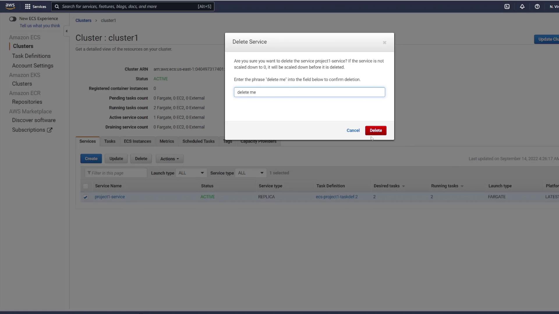 The image shows an AWS ECS console with a pop-up window asking for confirmation to delete a service named "project1-service." The user is prompted to enter "delete me" to confirm the deletion.