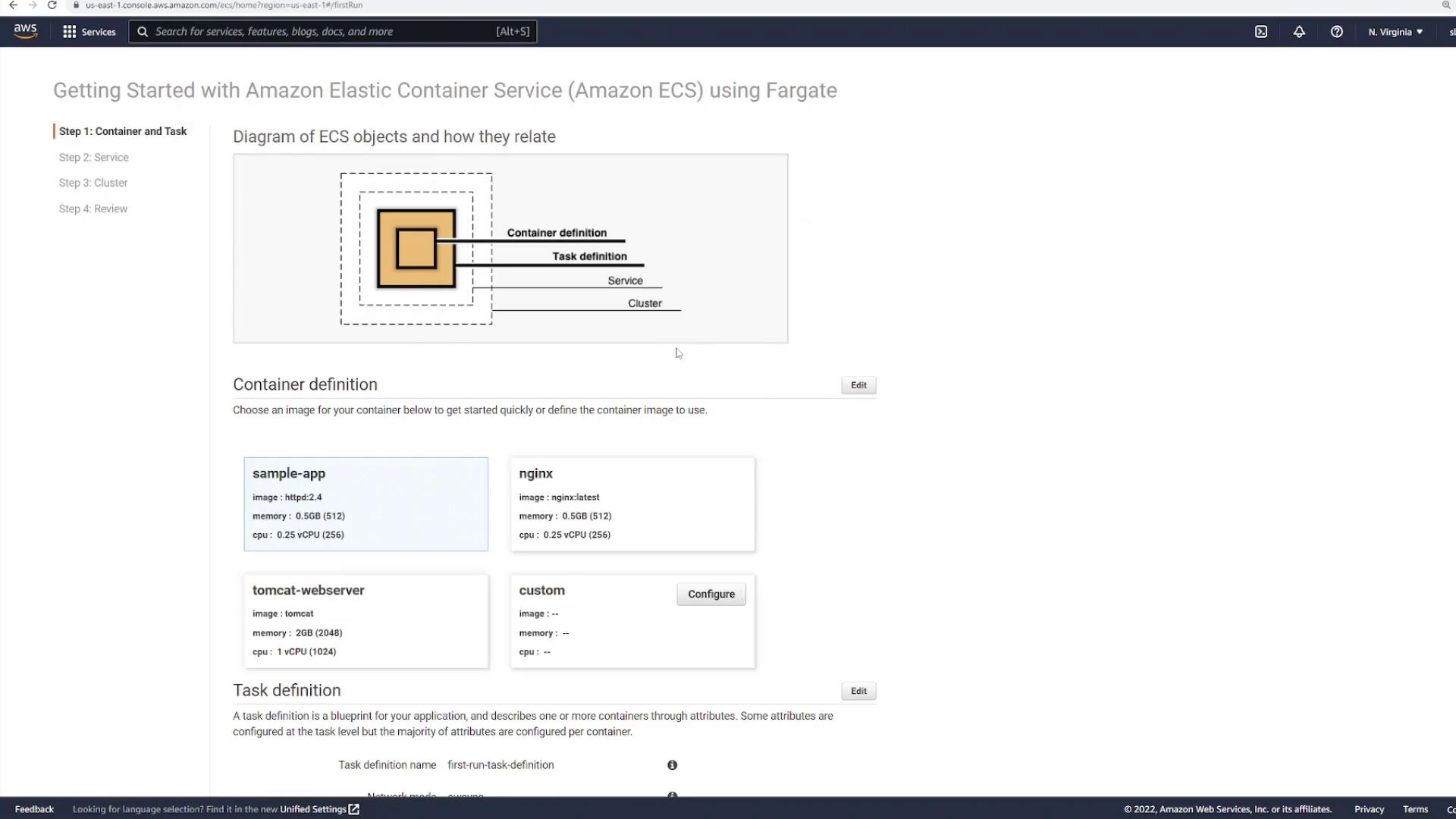 The image shows a webpage from Amazon Web Services (AWS) for getting started with Amazon Elastic Container Service (ECS) using Fargate, featuring a diagram of ECS objects and container definitions.