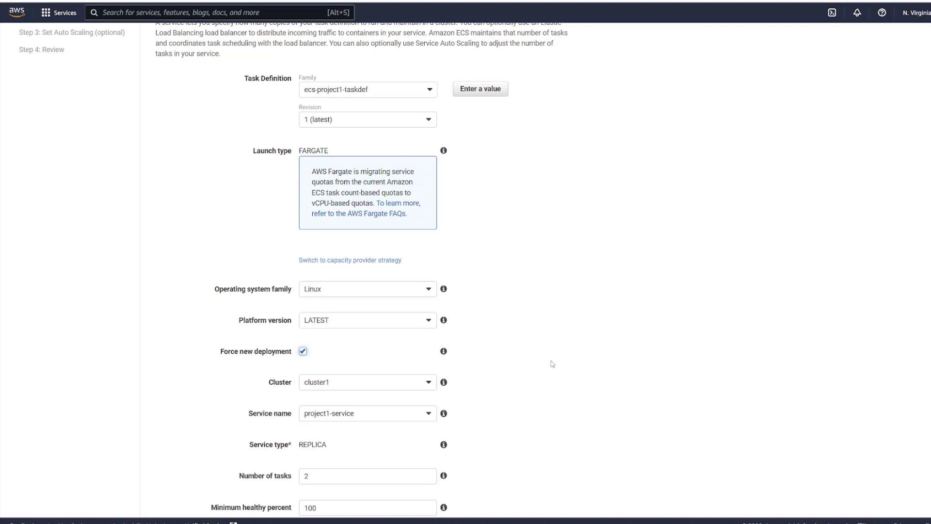 The image shows an AWS ECS configuration screen for setting up a service with options for task definition, launch type, operating system, and other deployment settings.