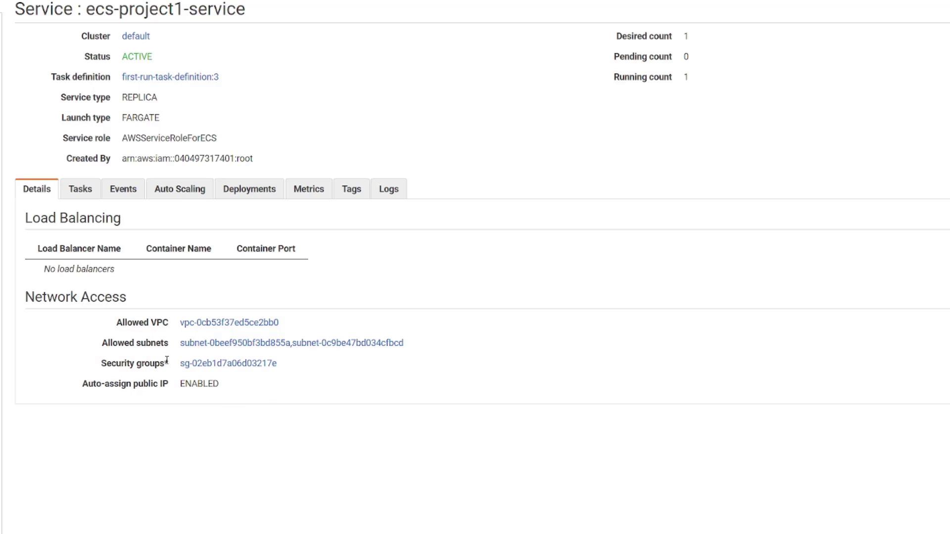 The image shows an AWS ECS service dashboard for "ecs-project1-service," indicating its active status, task definition, and network access details. It includes information about the cluster, service type, and security groups.