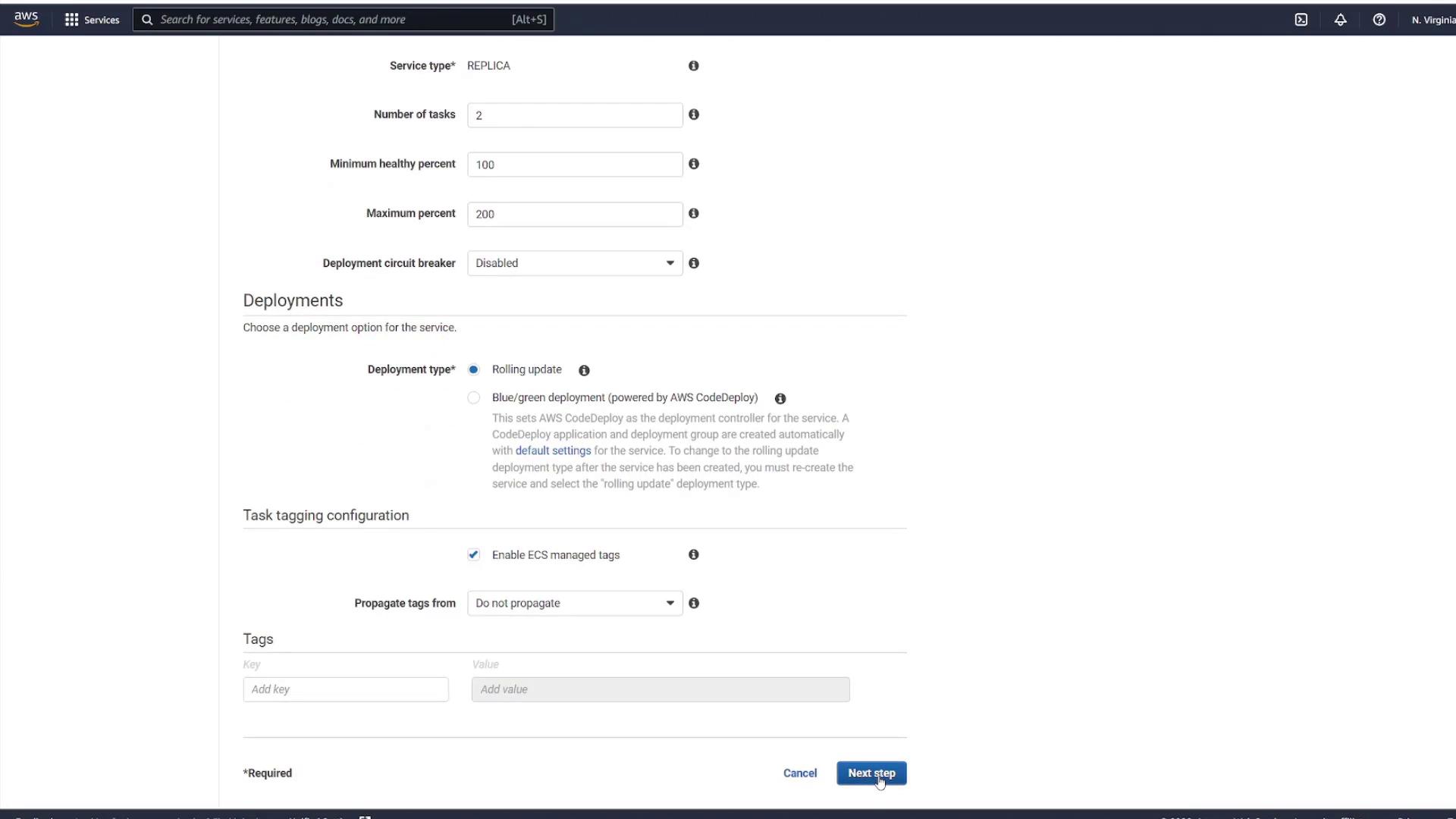 The image shows an AWS management console screen for configuring a service deployment, with options for service type, number of tasks, deployment type, and task tagging configuration. The "Next step" button is highlighted at the bottom.