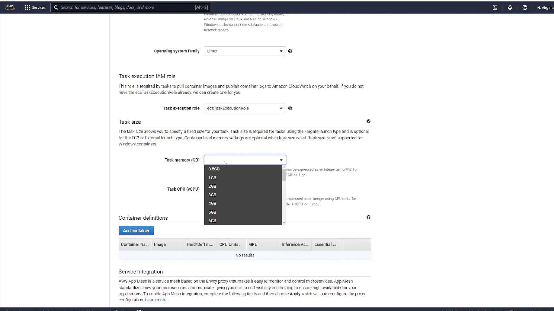 The image shows an AWS management console interface for configuring a task, including options for operating system family, task execution IAM role, and task size with a dropdown for selecting task memory in GB.