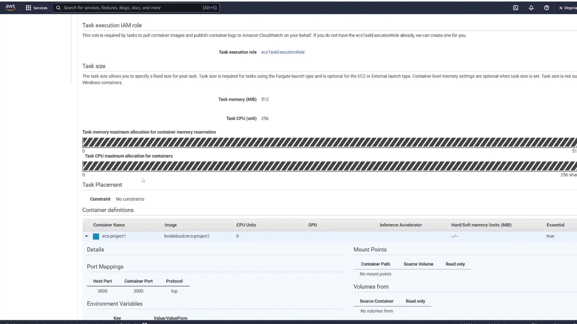 The image shows an AWS management console interface for configuring a task execution IAM role and task size, including memory and CPU allocation. It also includes container definitions with details like port mappings and environment variables.