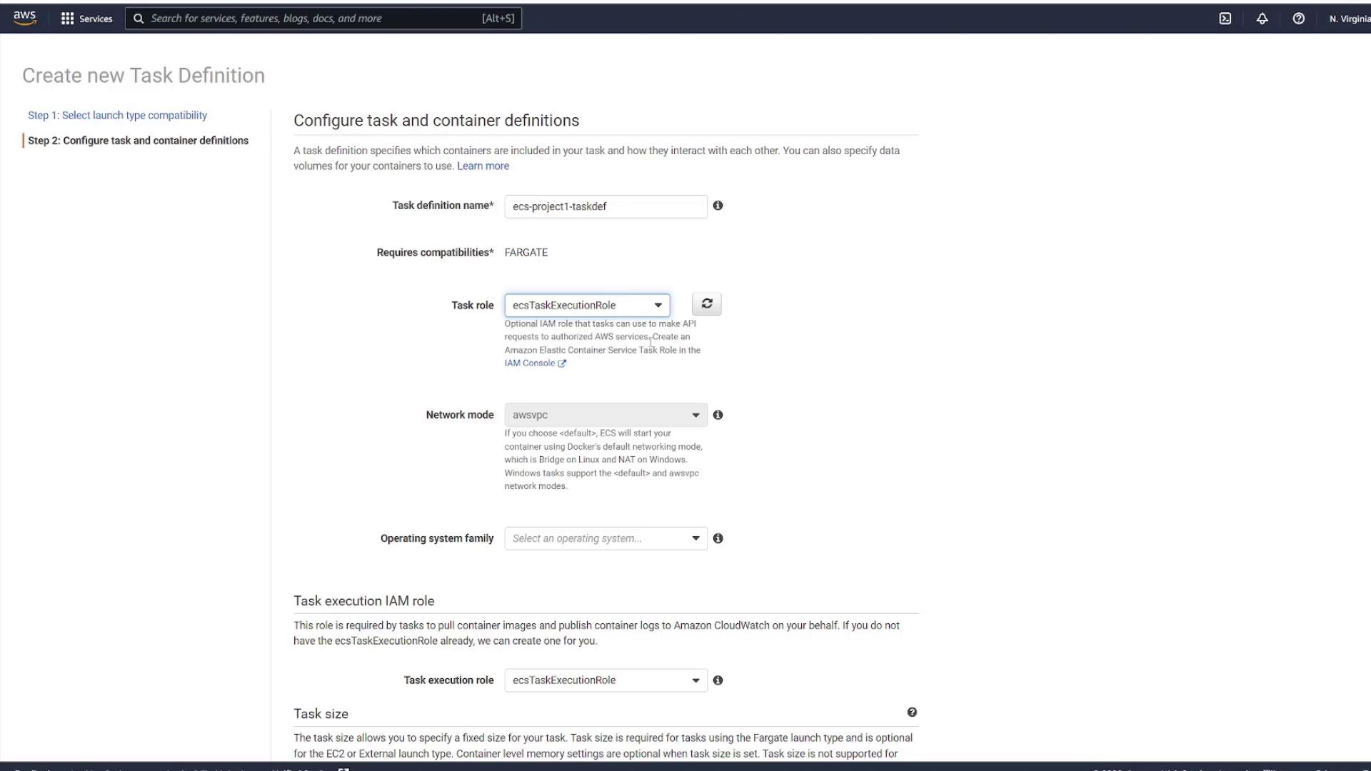 The image shows a configuration screen for creating a new task definition in AWS, specifically for setting up task and container definitions with options like task definition name, network mode, and task role.