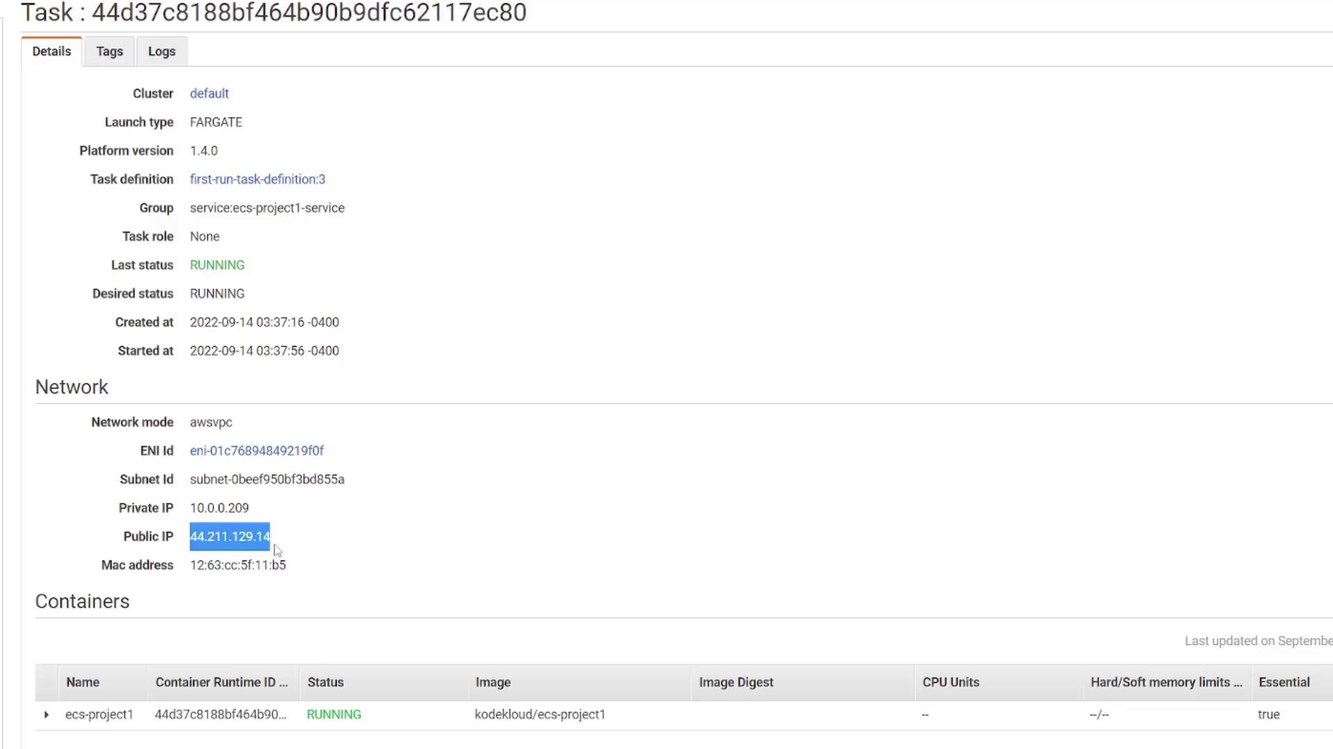 The image shows a task details page from a cloud service, displaying information about a running task, including network settings and container status. It includes details like the task ID, cluster, launch type, IP addresses, and container information.
