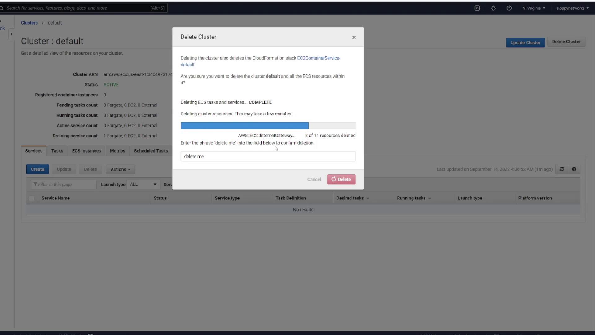 The image shows a dialog box for deleting a cluster in a cloud management interface, with a progress bar indicating the deletion of cluster resources. The user is prompted to enter "delete me" to confirm the deletion.