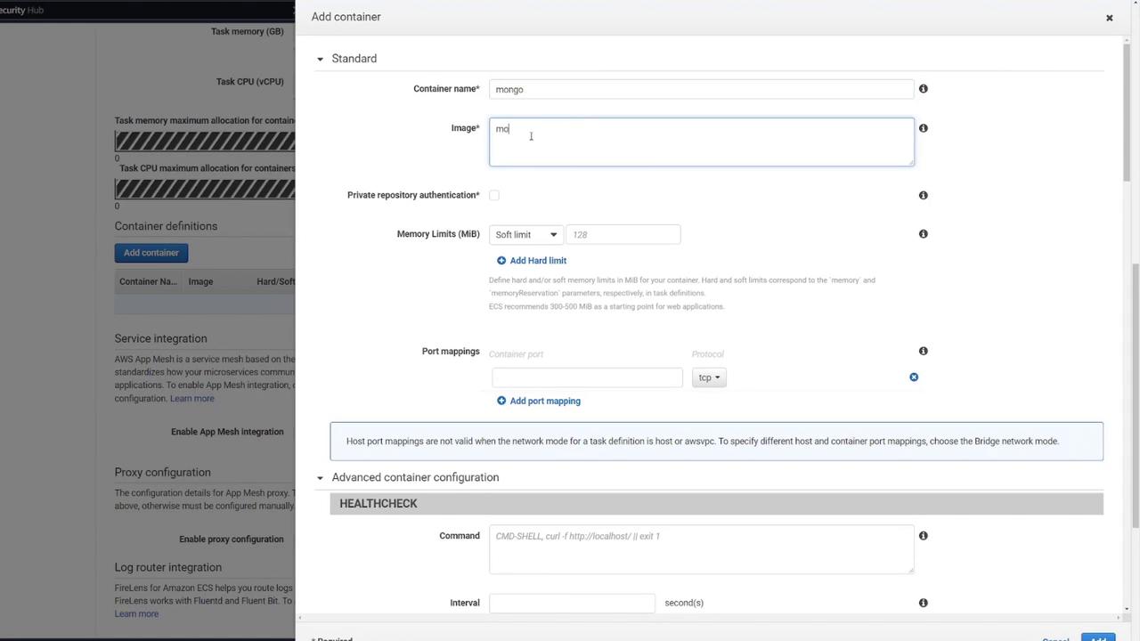 The image shows a configuration screen for adding a container, with fields for container name, image, memory limits, and port mappings. It also includes advanced container configuration options like health checks.