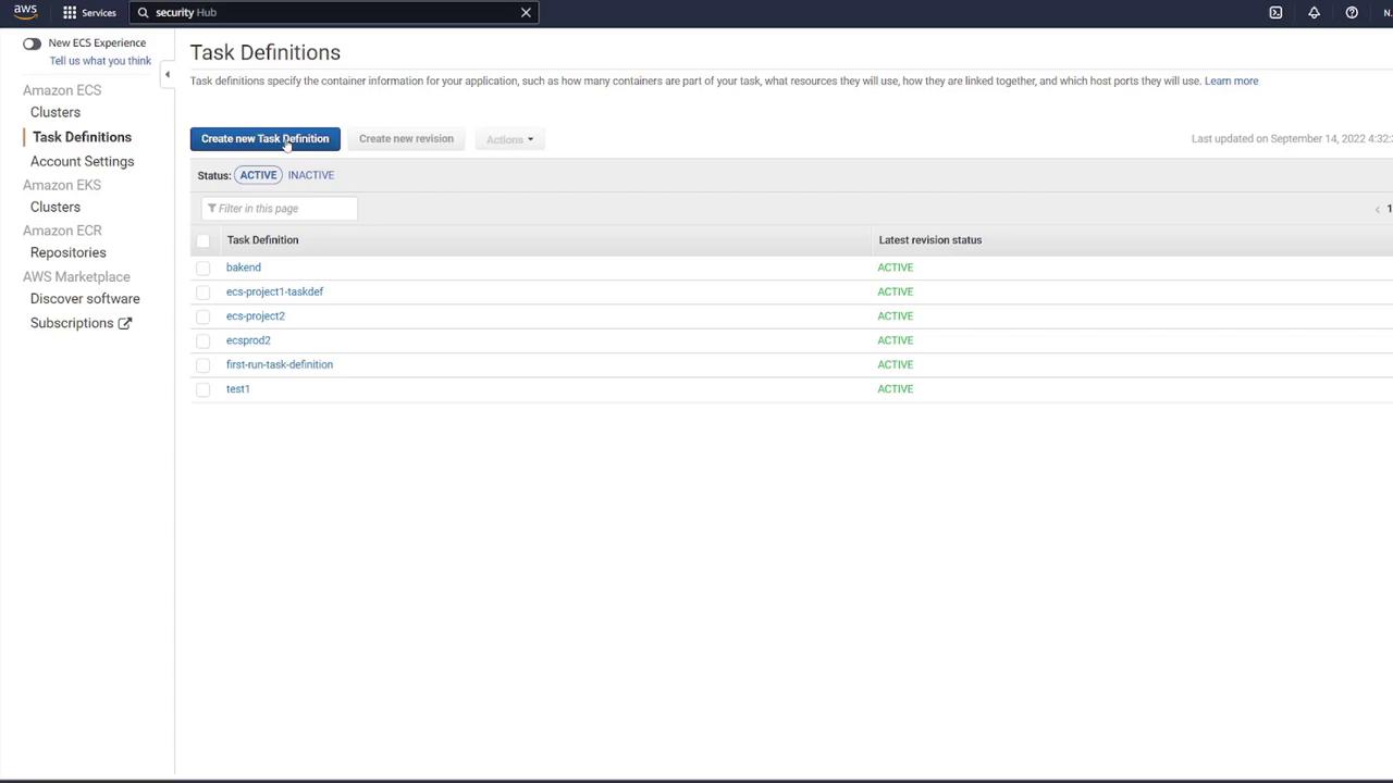The image shows an Amazon ECS dashboard displaying a list of task definitions, all marked as "ACTIVE." There are options to create a new task definition or revision.