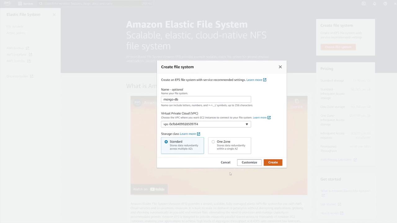 The image shows a web interface for creating an Amazon Elastic File System (EFS), with options to name the file system, select a Virtual Private Cloud (VPC), and choose a storage class.